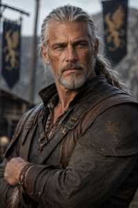 A middle-aged man with long, silver hair and a strong jawline stands in a rugged outdoor setting. He is wearing a dark leather vest and has a serious expression, with banners featuring a lion emblem visible in the background.