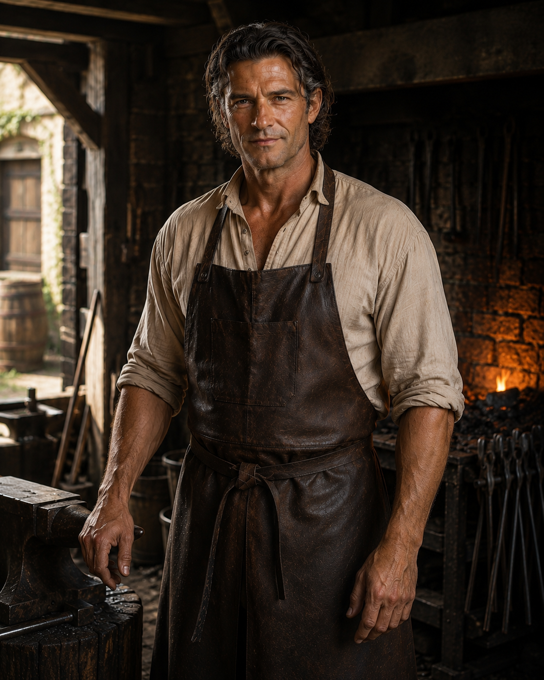 Holt Crowley stands confidently in a blacksmith's workshop, wearing a light-colored shirt and a dark leather apron. The background features various tools, an anvil, and a glowing forge, indicating his profession as a blacksmith.