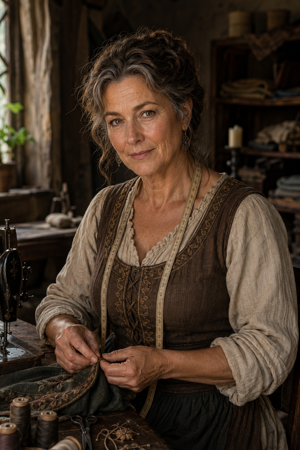 Mara Crowley is seen sitting at a wooden table, working on sewing fabric. She has curly hair, wears a brown dress with a beige blouse, and holds a piece of embroidered cloth. A sewing machine and various spools of thread are visible on the table.