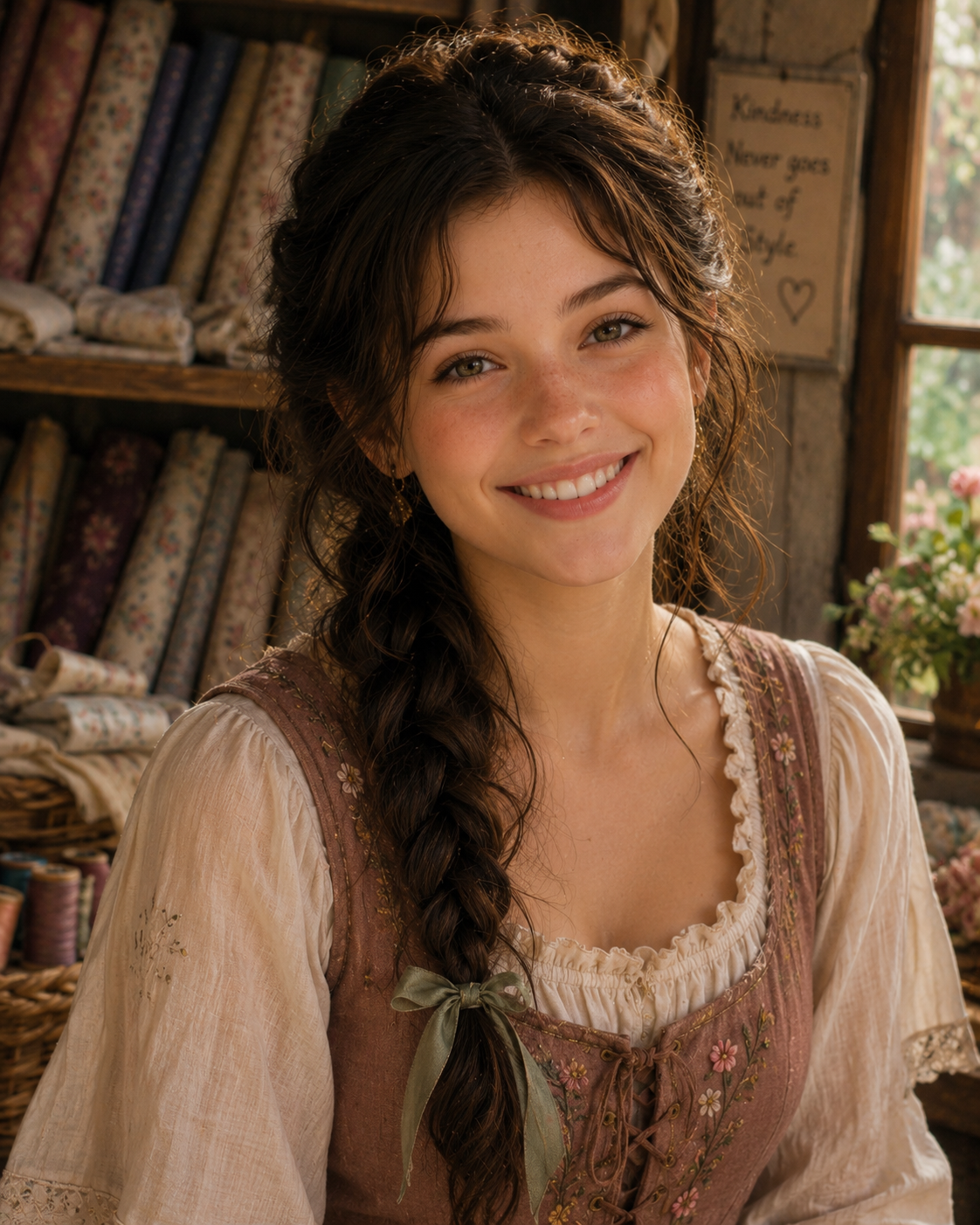 A young woman with dark, wavy hair styled in a loose braid smiles warmly at the camera. She is dressed in a pink and cream dress adorned with floral embroidery, sitting in a cozy room filled with colorful fabrics and spools of thread in the background.