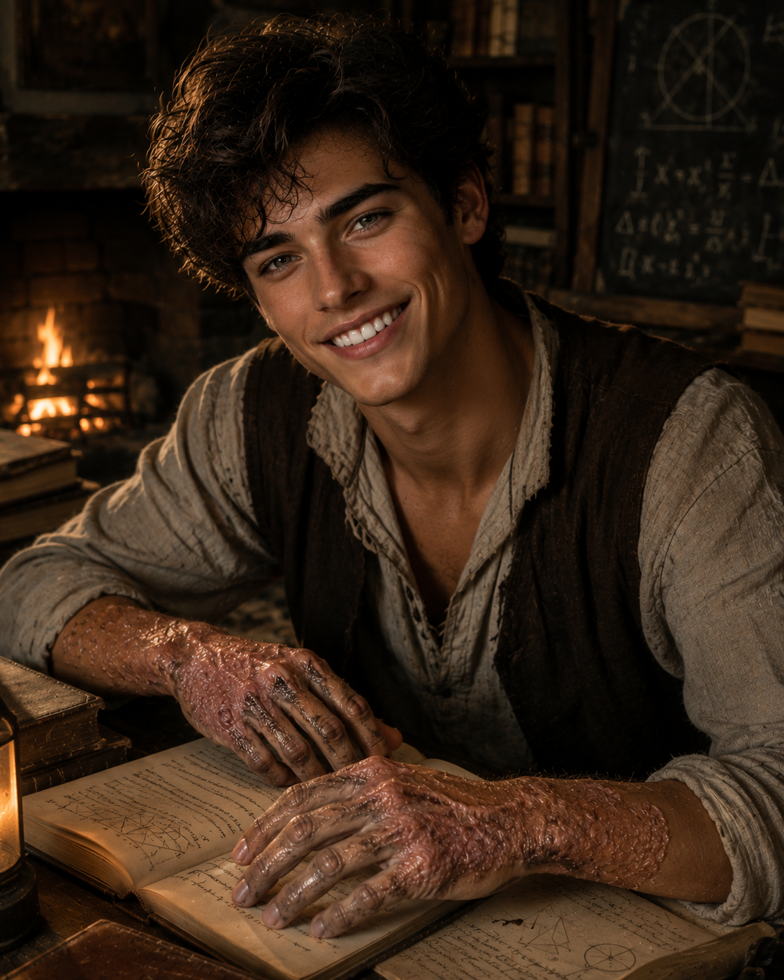 A young man with tousled dark hair and a warm smile sits at a table covered with books and a lit lantern. His hands, which have a textured, scaly appearance, rest on an open book filled with writing and diagrams, while a fireplace can be seen in the background.