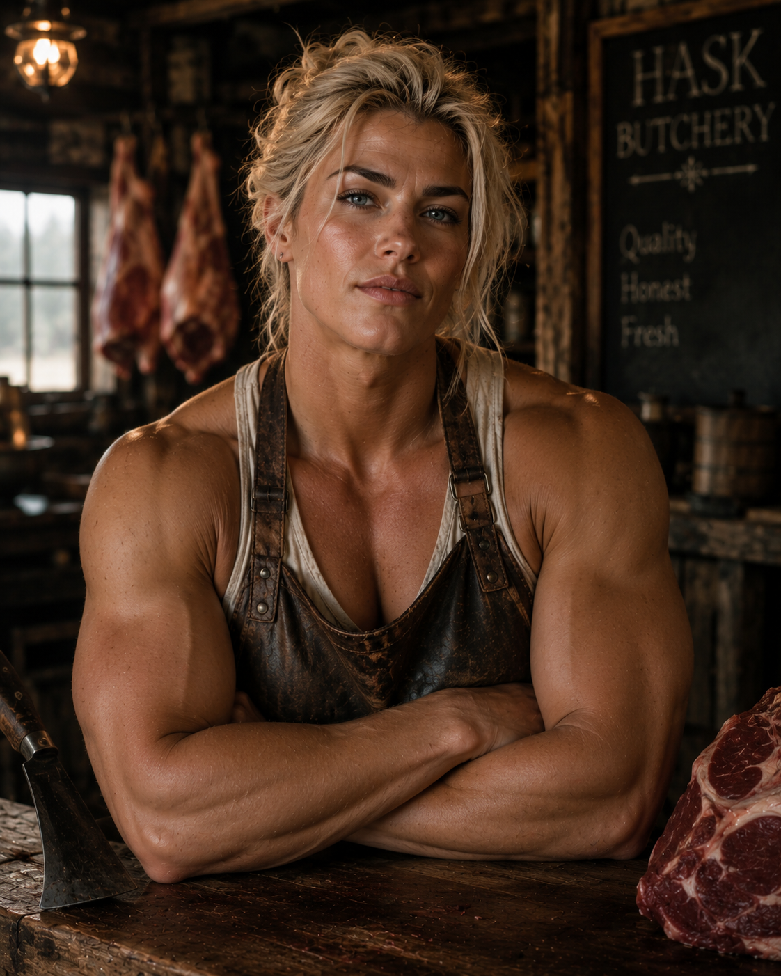 Brenna Hask stands behind a wooden counter in a butcher shop, wearing a leather apron and displaying muscular arms. Various cuts of meat hang in the background, and an axe is placed on the counter beside her.