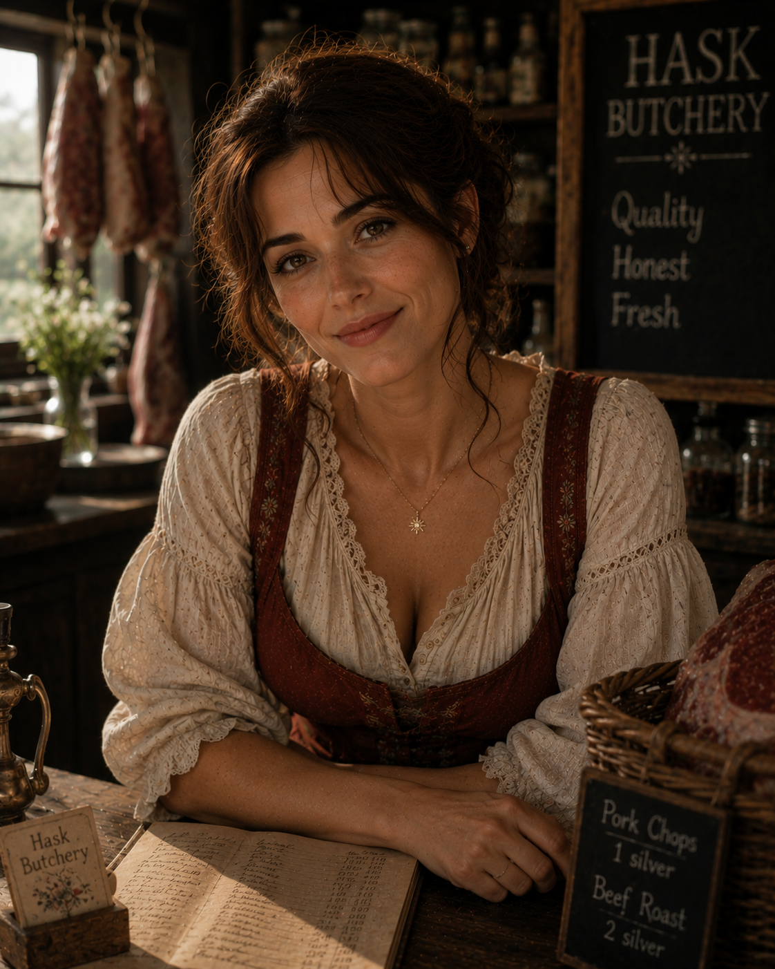 Tess Hask, a woman with wavy brown hair, is seated at a wooden counter in a rustic butchery. She wears a lace-trimmed, light blouse and a red dress. Behind her is a chalkboard menu listing prices for various meats and jars of preserved goods on shelves.
