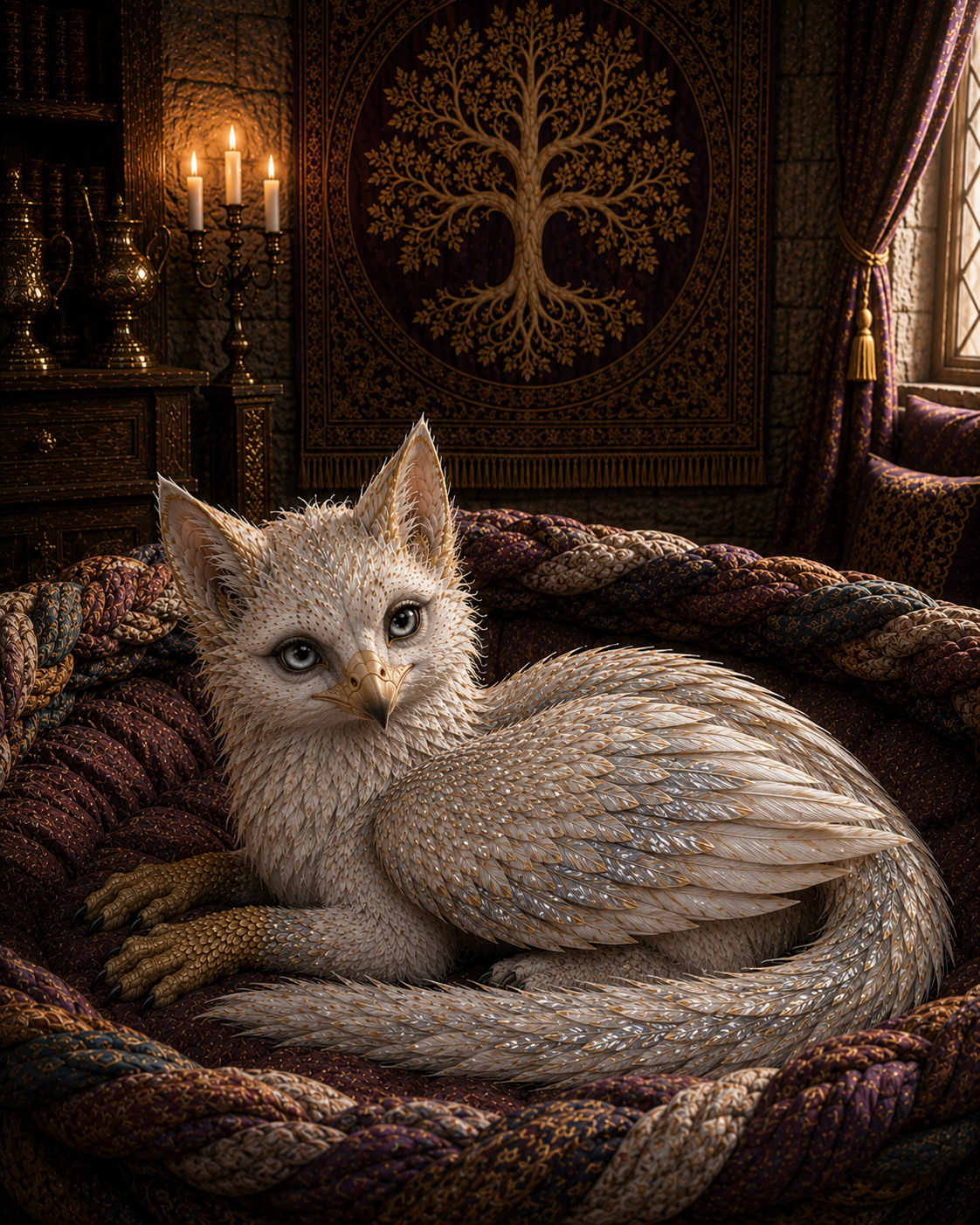 A small, mythical creature resembling a mix of a cat and a bird, with feathers and fur in shades of white and pale gold, is curled up in a woven basket made of colorful fabric. The background features ornate tapestries and a decorative tree design on the wall, with candlelight illuminating the scene.