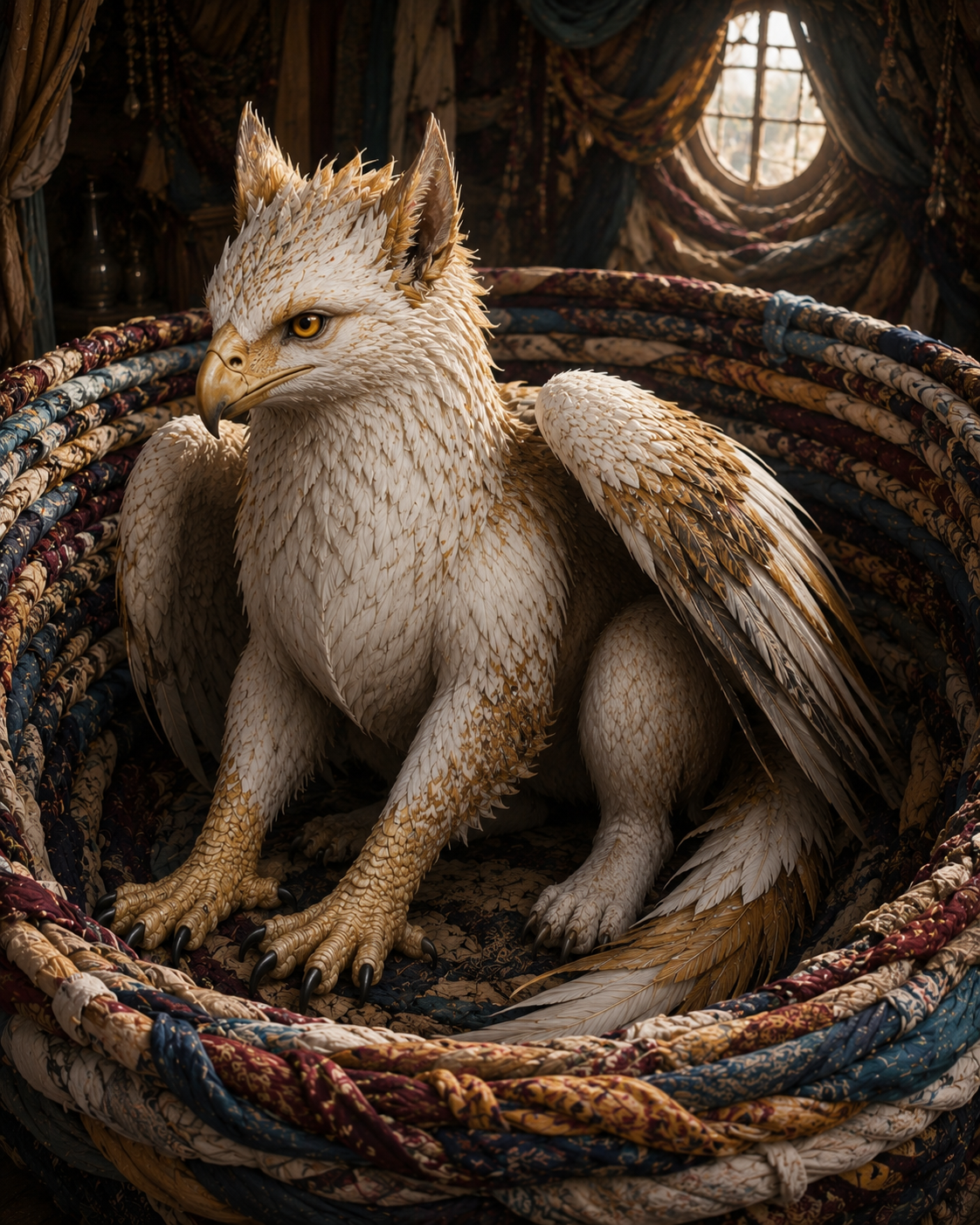A majestic creature resembling a griffin sits in a colorful, woven nest. It has a white and tan feathered body, sharp golden eyes, and large wings, surrounded by a richly decorated interior with a window in the background.