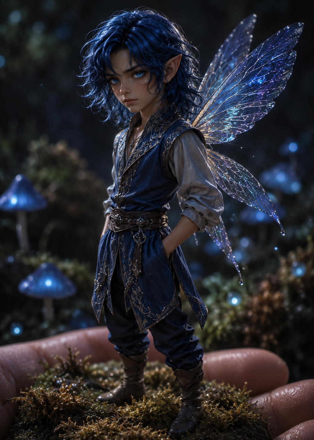 A small figure of a blue-haired fairy stands on a mossy surface, appearing to be held in a person's hand. The fairy has pointed ears, large wings that shimmer with iridescence, and wears a blue outfit adorned with intricate patterns. In the background, glowing blue mushrooms are visible.