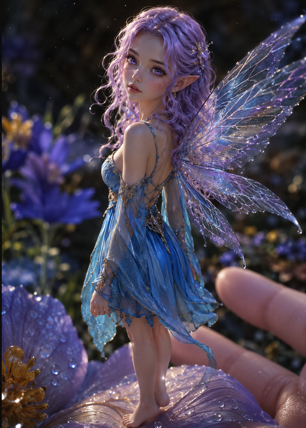 A small fairy character with lavender hair and shimmering wings stands on a large flower petal. She wears a flowing blue dress and is depicted with delicate features, surrounded by colorful flowers and soft lighting.