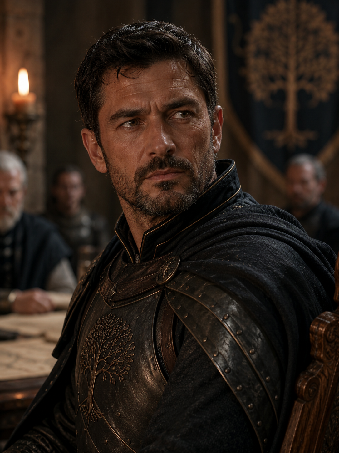 Rhun Brooks is shown sitting at a table, wearing dark, ornate armor featuring a tree emblem. He has short, dark hair and a serious expression, with several figures in the background, amidst a dimly lit, medieval setting.