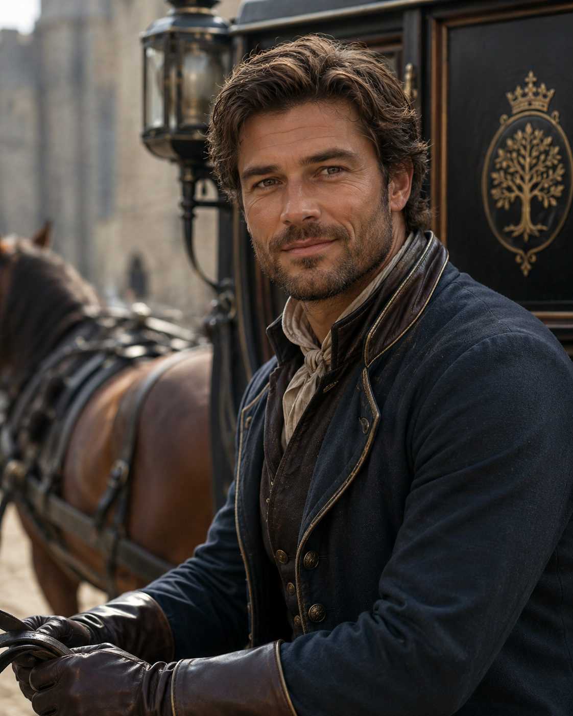 Forric Tysden is a man with short, tousled brown hair and a light beard, wearing a dark coat over a vest and a white scarf. He sits beside a horse-drawn carriage, with a castle visible in the background.