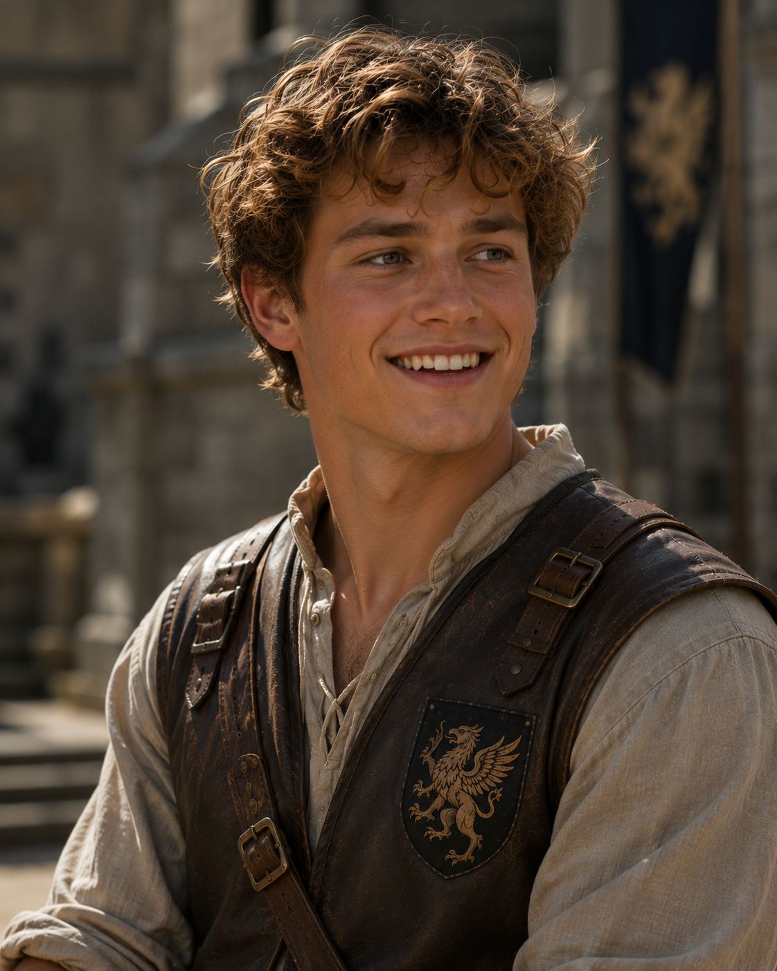 A young man with curly hair is smiling, wearing a light-colored shirt and a dark leather vest adorned with a crest featuring a griffin. The background shows a stone building and flags, suggesting an outdoor setting.
