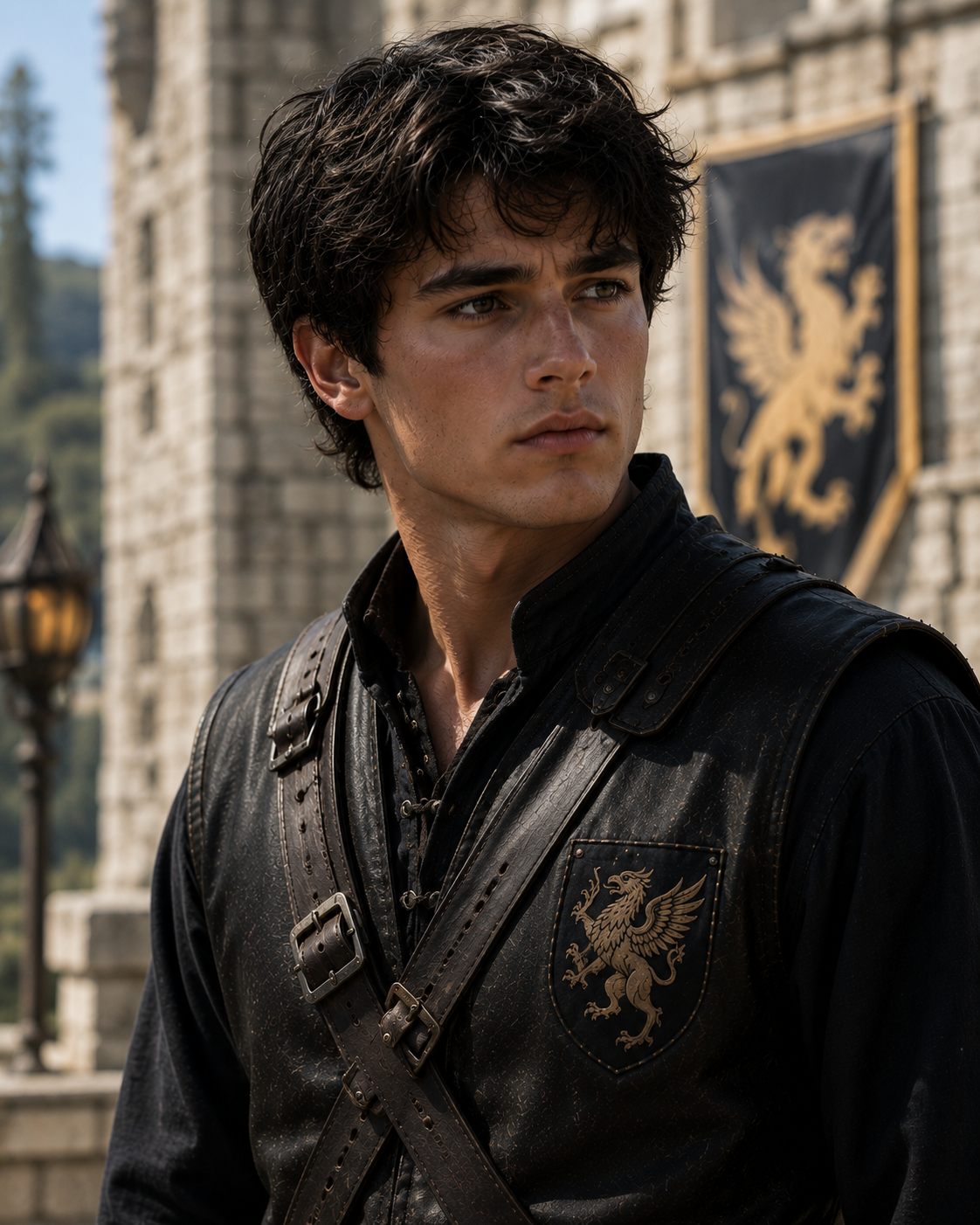 A young man with dark, tousled hair stands in front of a stone castle, wearing a dark vest with a golden griffin emblem. The background features a castle wall and a lamp post, suggesting a medieval setting.