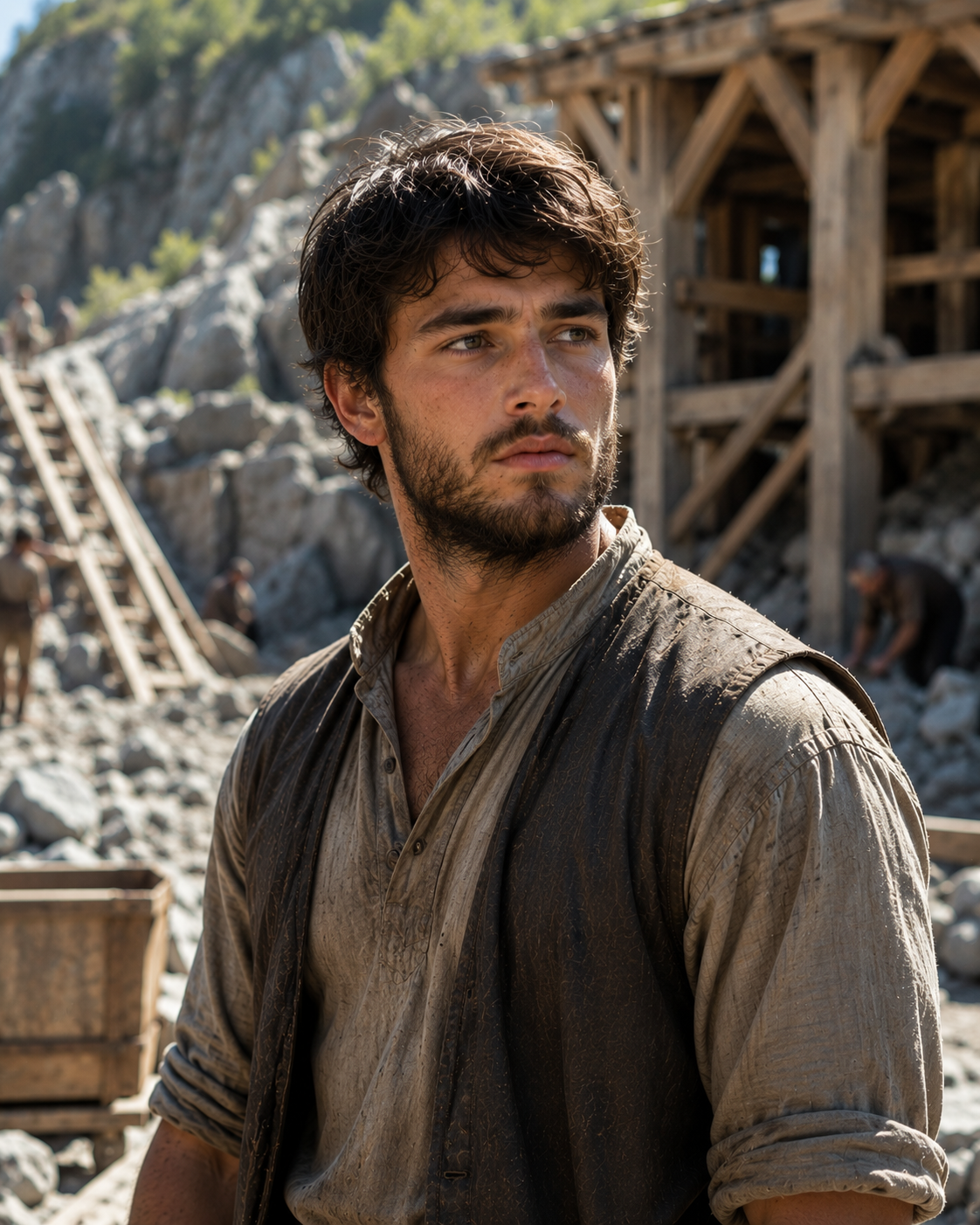 A young man with dark hair and a short beard stands in a rocky outdoor setting, wearing a dirt-stained, buttoned shirt and a sleeveless vest. Behind him, people are working in a quarry with wooden structures and carts in the background.