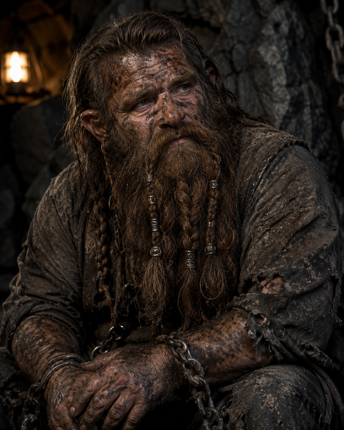 A rugged dwarf with long, unkempt hair and a thick beard sits in a dimly lit cavern. He is covered in dirt and grime, wearing tattered clothing, and is visibly chained at the wrists.
