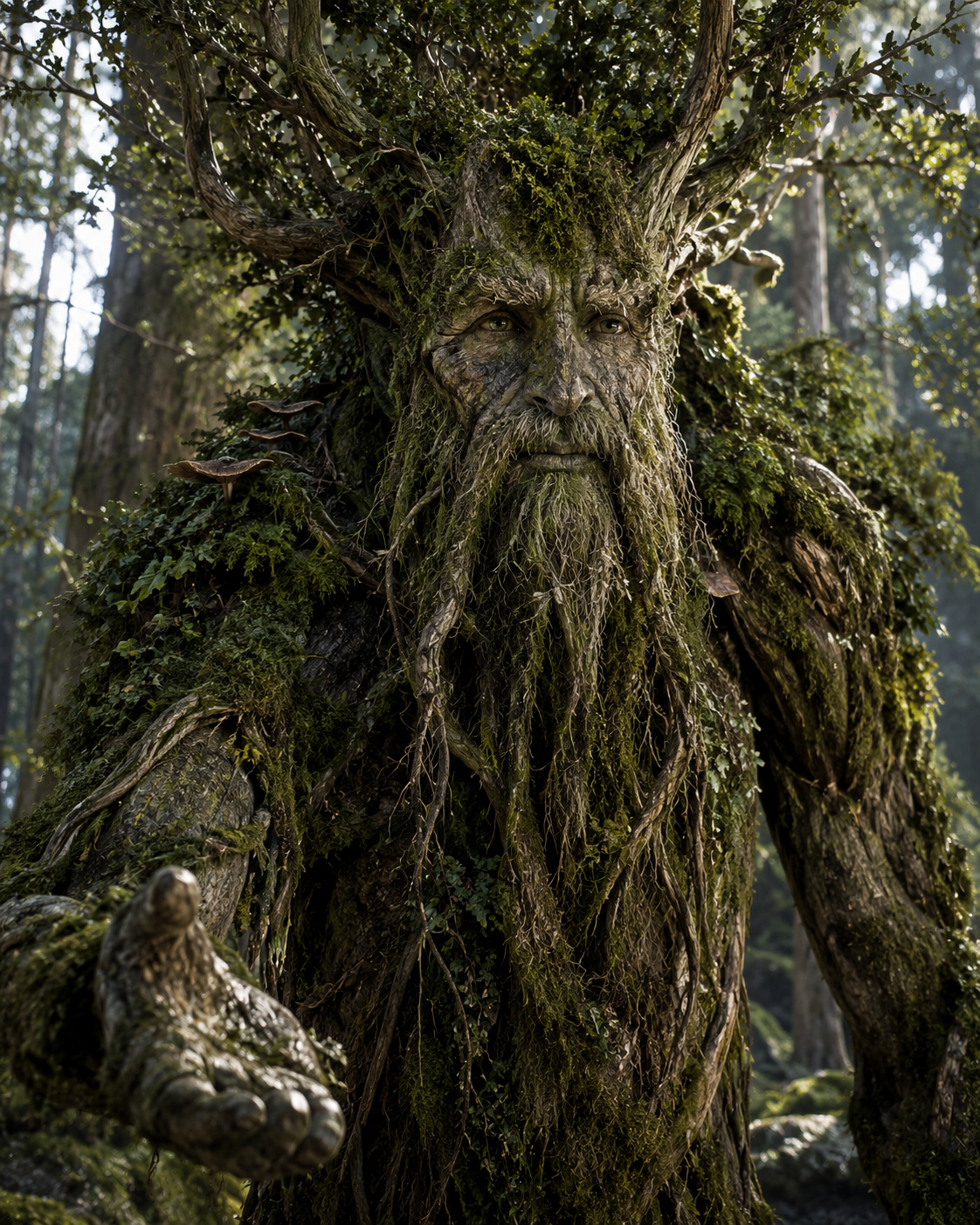 A large, humanoid figure resembling a living tree stands in a forest, with bark-like skin, moss, and vines covering its body. It has intricate facial features, a long beard made of roots, and extends one hand forward.