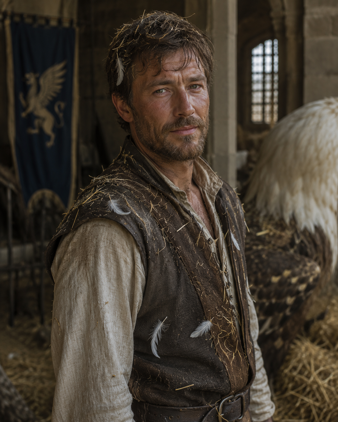 A man with tousled hair and a light beard stands in a stable, wearing a brown vest over a light shirt. He has bits of straw and feathers on his clothing, and a large griffon is partially visible behind him. A blue banner with a griffon emblem hangs in the background.
