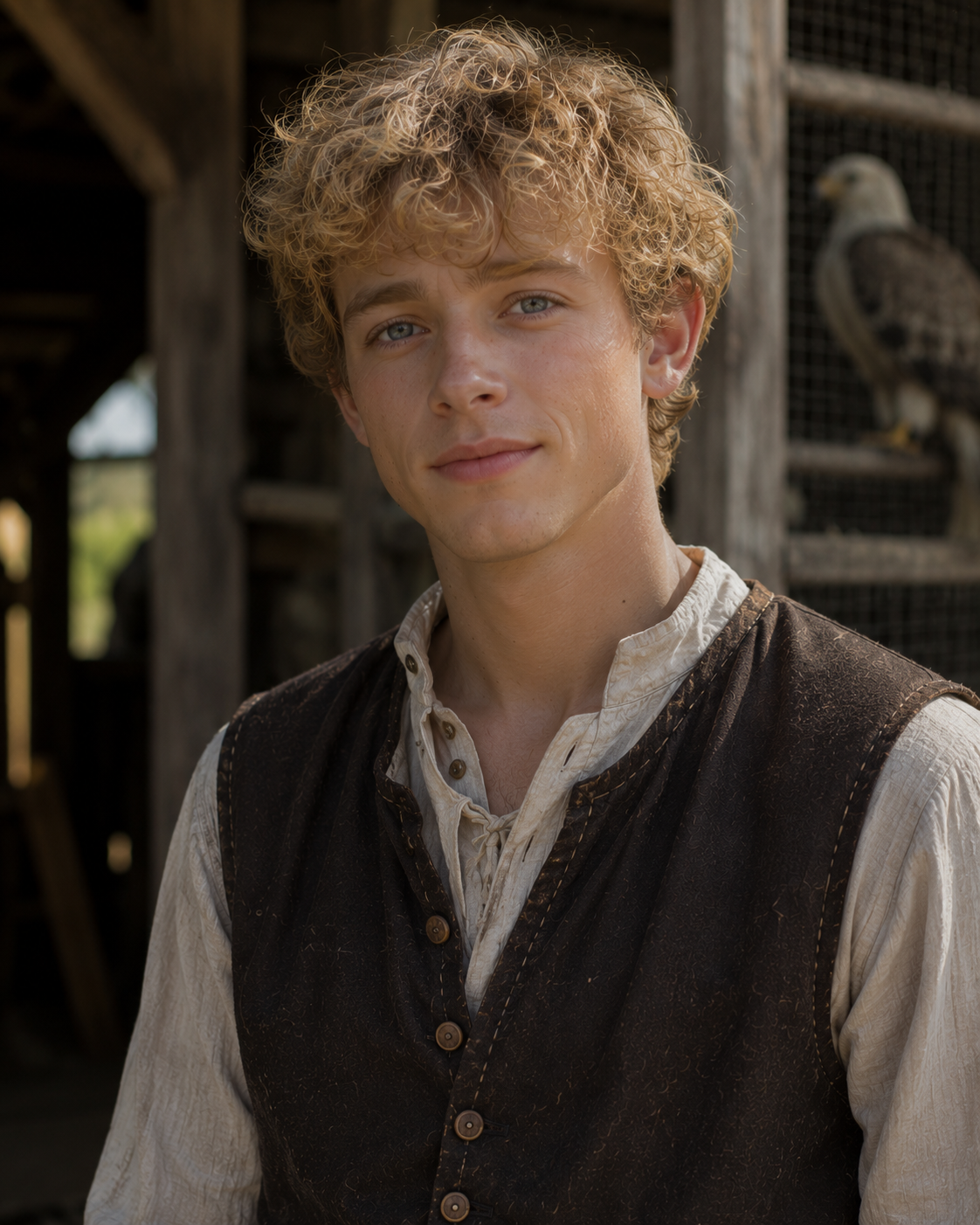 A young man with curly blonde hair is standing in front of a wooden structure. He is wearing a dark vest over a light-colored shirt and is looking directly at the camera, with a blurred bird of prey visible in the background.