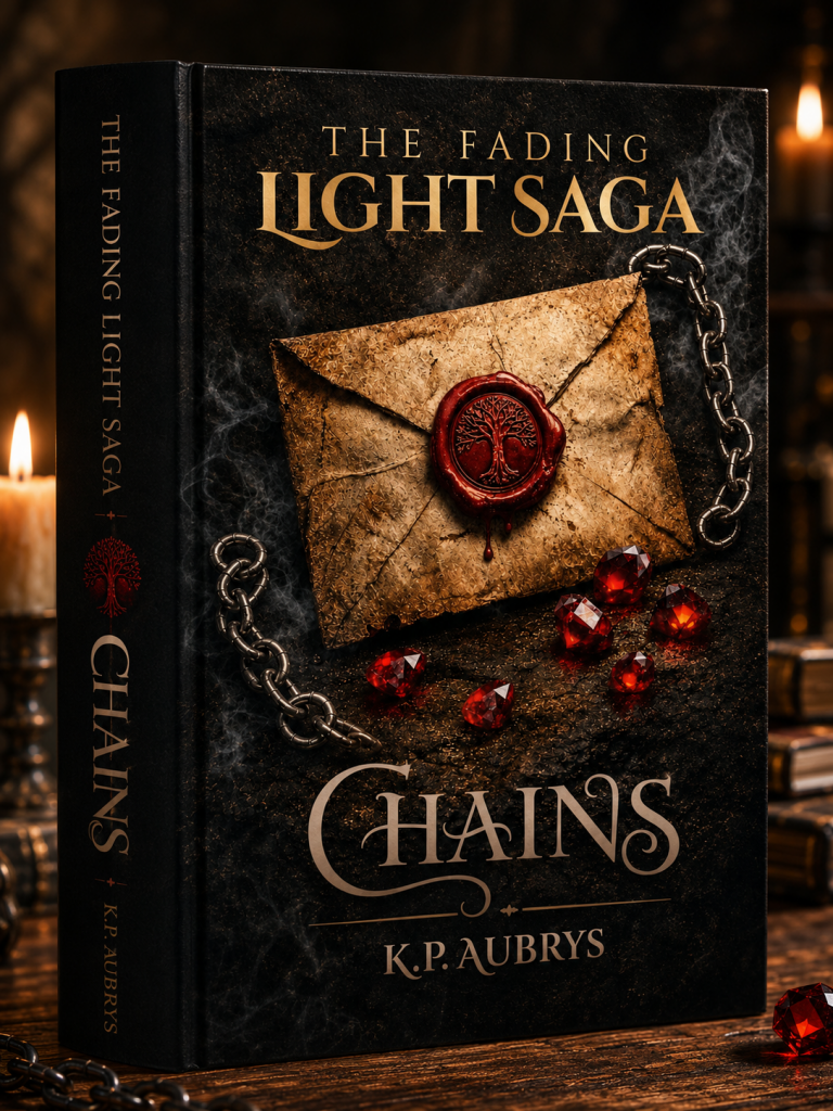A copy of the physical hardcover book. The fading Light Saga - Chains with rubies, chains and a letter sealed with red wax and the tree of life imprint.