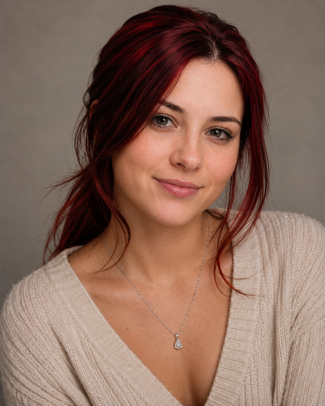 A close-up portrait of a woman with long, wavy red hair, wearing a black top. She has a natural makeup look, with a serious expression, and is set against a dark background.