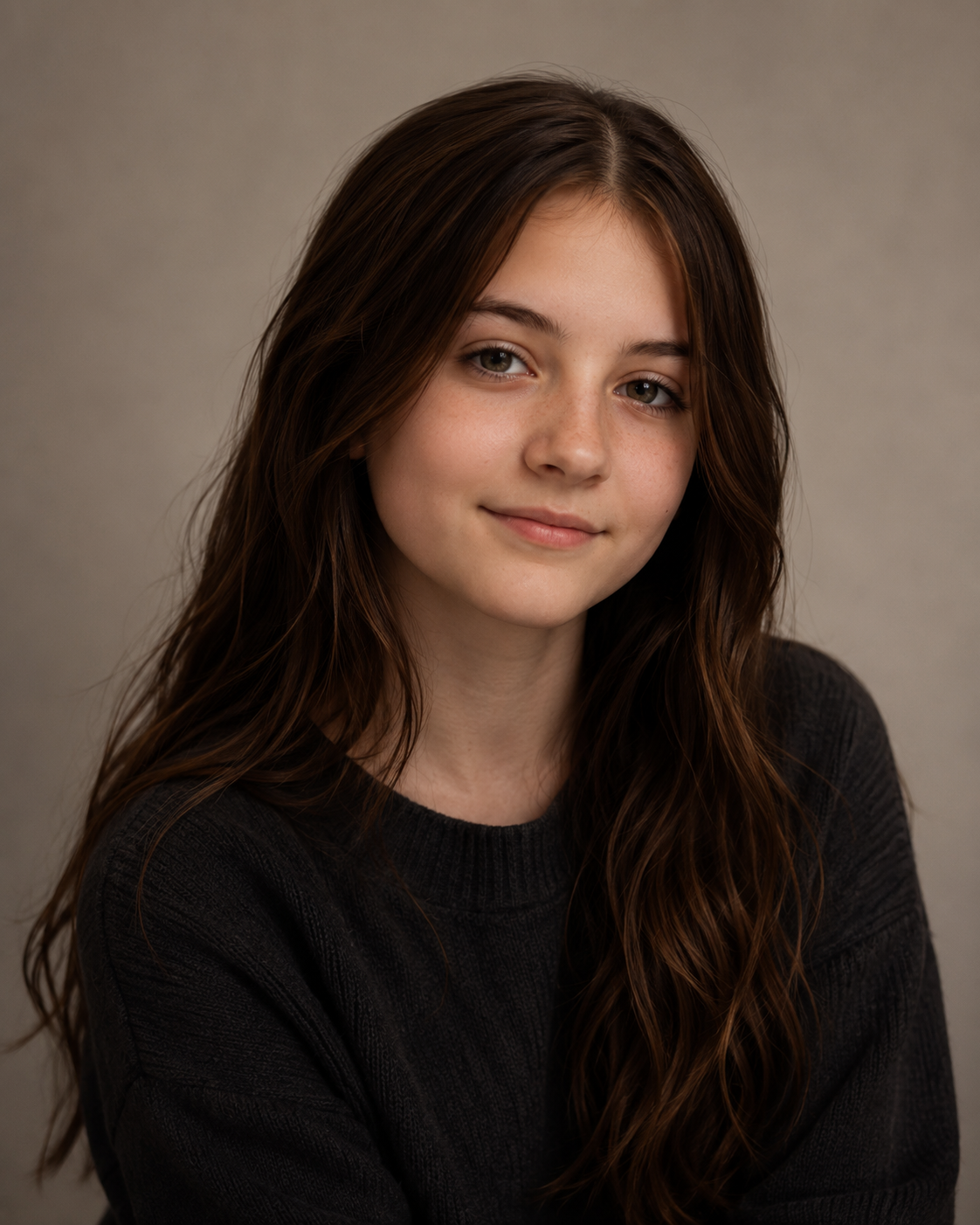 A young woman with long, wavy brown hair smiles softly at the camera, wearing a dark sweater. The background is a neutral, light gray.
