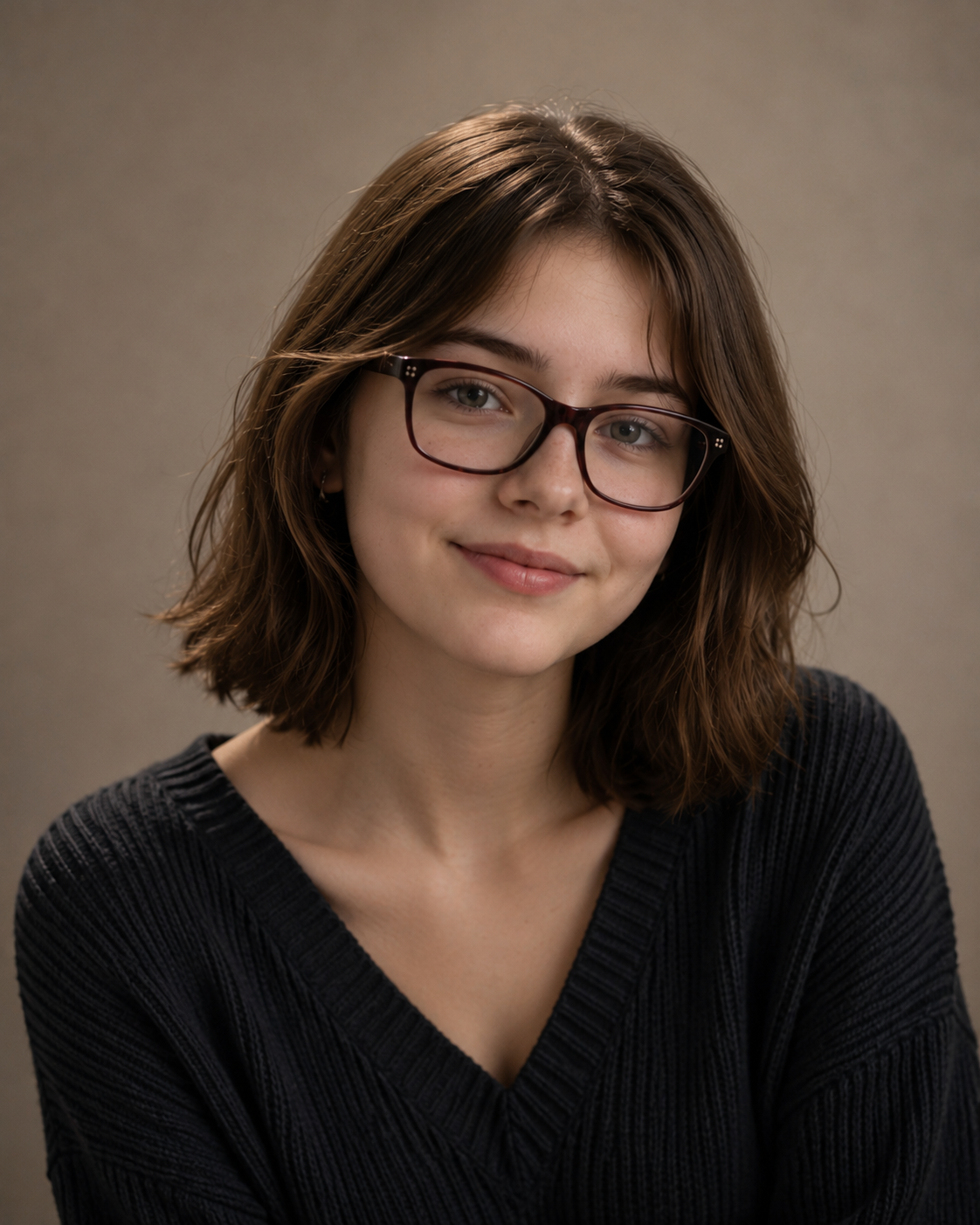 A young woman with shoulder-length brown hair, wearing glasses and a dark sweater, smiles softly at the camera. The background is a neutral, softly blurred color.