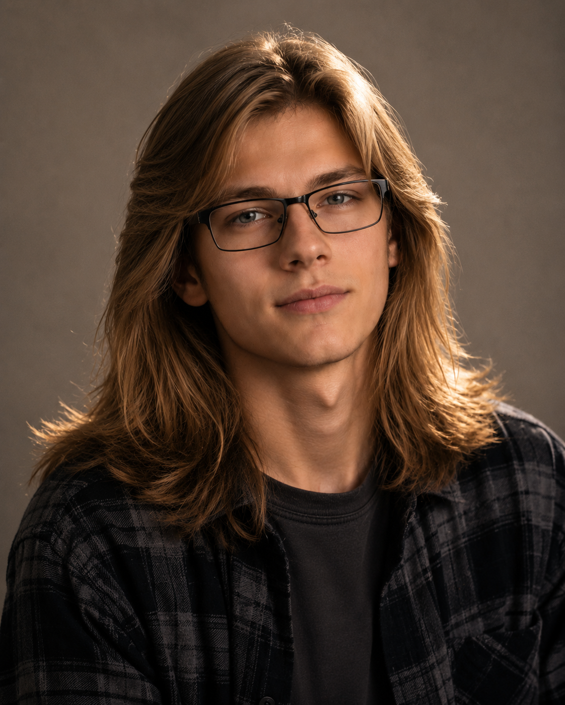 A young man with long, light brown hair and glasses is looking directly at the camera. He is wearing a black shirt and a plaid jacket, with a neutral background.