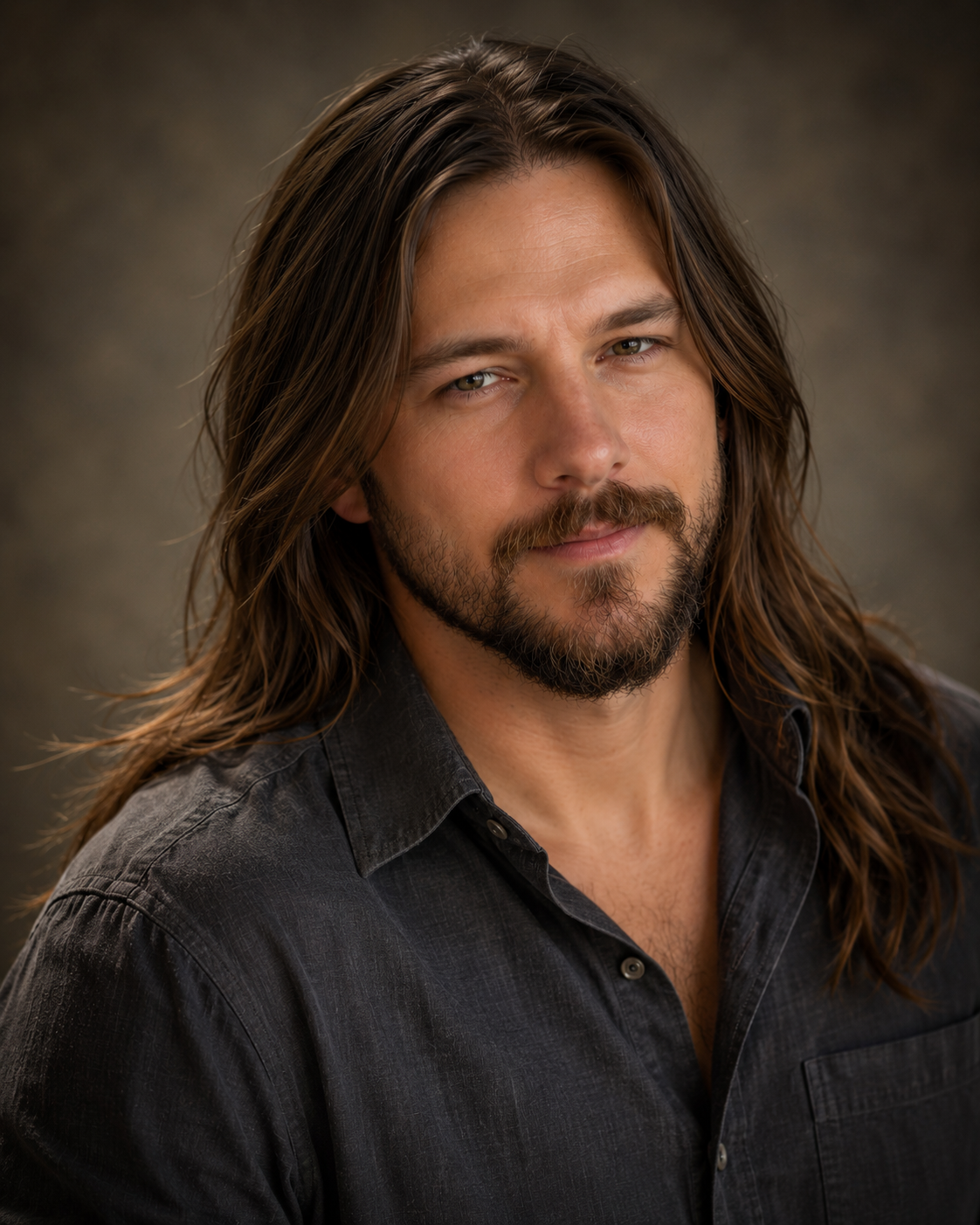 A man with long, wavy hair and a beard is smiling softly at the camera. He is wearing a dark gray button-up shirt and stands against a blurred, neutral background.