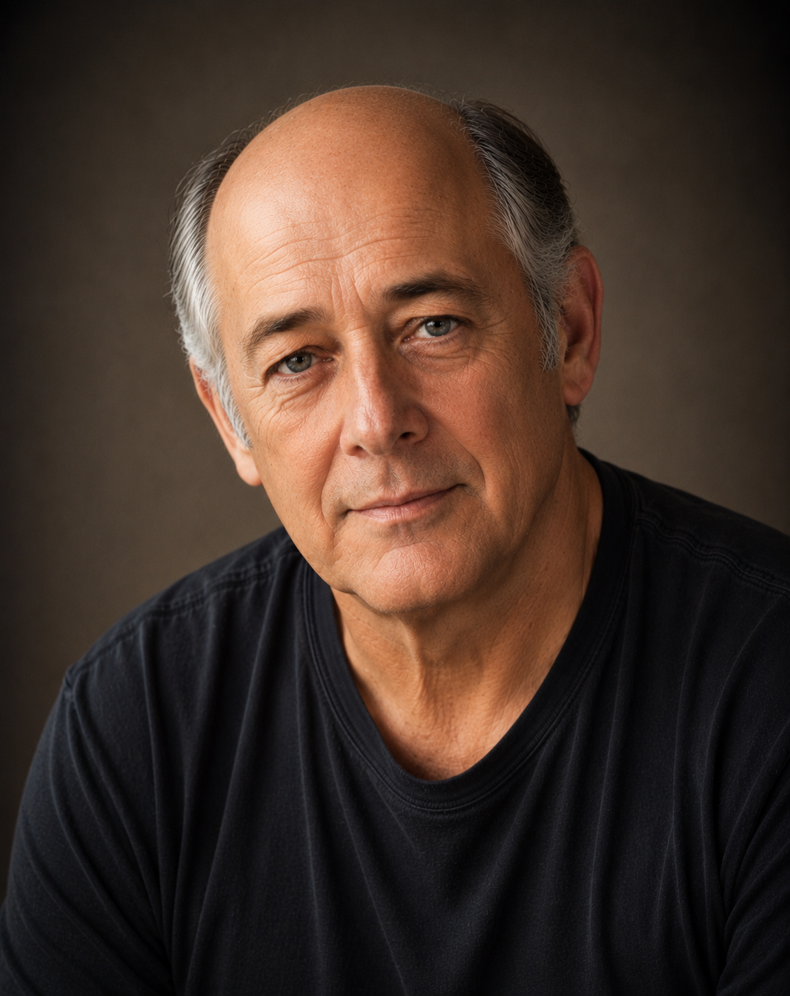 A middle-aged man with a balding head and graying hair looks directly at the camera, wearing a dark gray shirt. He is in a softly lit indoor setting with blurred outlines of furniture in the background.