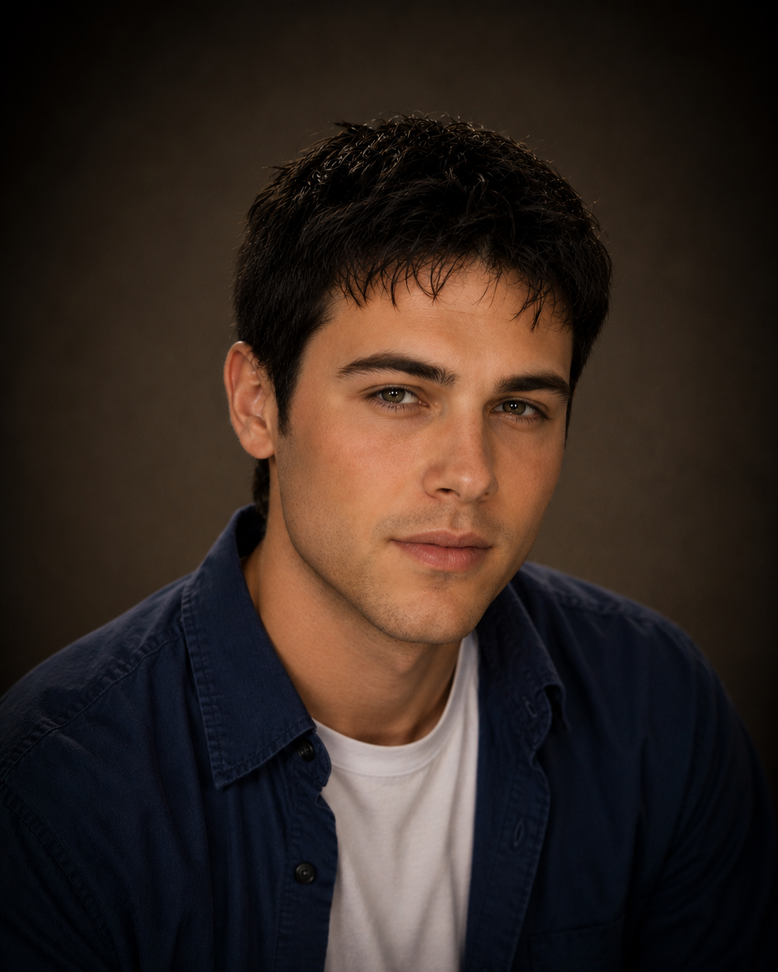 A young man with short, dark hair and green eyes is looking directly at the camera. He is wearing a blue button-up shirt over a white t-shirt and has a neutral expression against a blurred dark background.