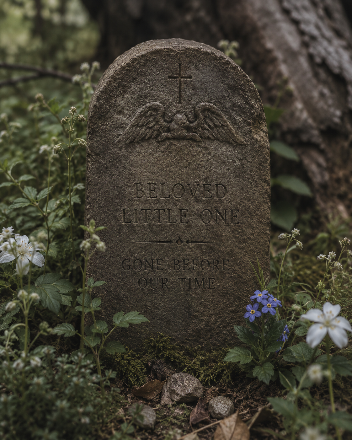A weathered gravestone is surrounded by greenery and small flowers. The stone is engraved with the words “BELOVED LITTLE ONE” and “GONE BEFORE OUR TIME,” along with a cross and an image of wings at the top.