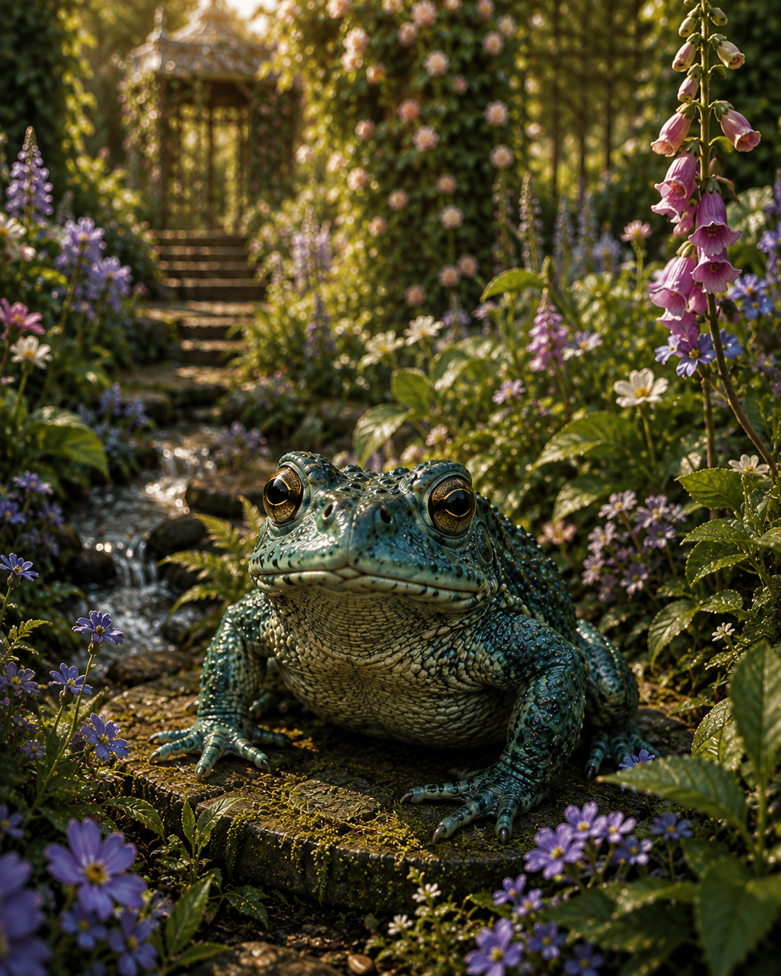 A large, textured frog with vibrant blue-green coloration sits on a moss-covered stone in a lush garden filled with purple flowers. In the background, a stone path leads to a decorative gazebo surrounded by greenery and blooming plants.