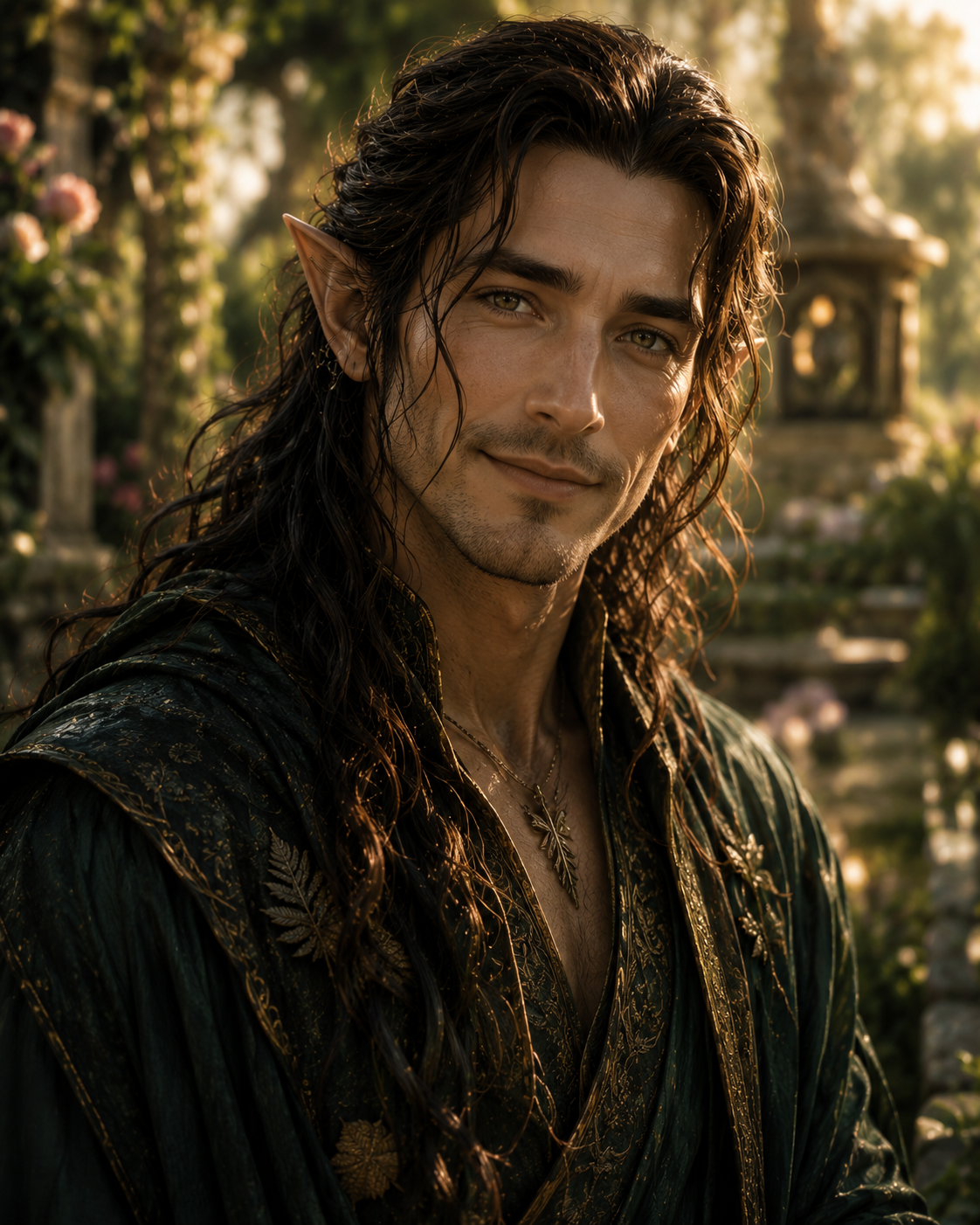 Cedar Briar is depicted as a male character with long, wavy dark hair and pointed ears. He wears a richly adorned, deep green garment and a leaf-shaped pendant, standing in a lush garden filled with flowers and greenery.