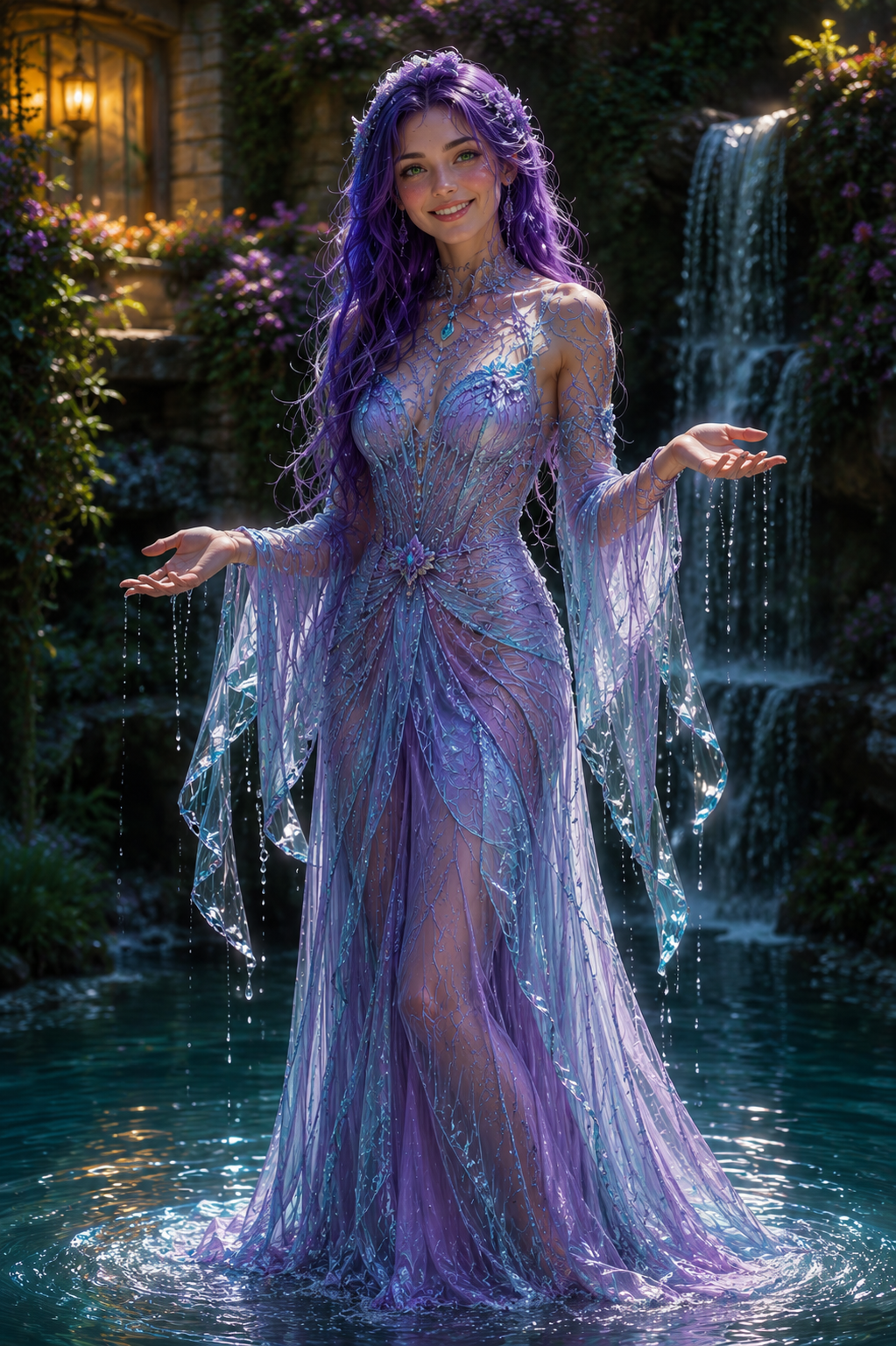 Mira Evans stands in shallow water, wearing a flowing, translucent gown adorned with blue and purple details. Her long, purple hair cascades down her shoulders, and she gestures with open hands as water drips from her fingertips, with a serene background of greenery and a waterfall.