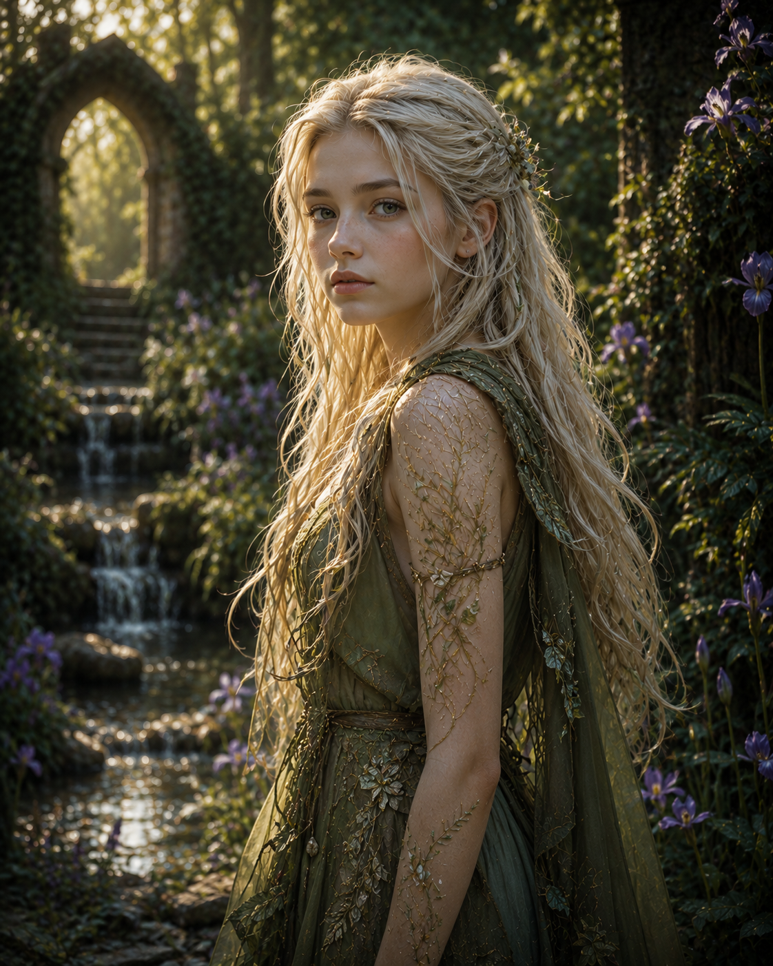 Cora Briar (Blue) stands in a lush, sunlit forest, gazing over her shoulder. She wears a green dress adorned with floral and leafy details, and her long, wavy hair is partially styled with small greenery. Behind her, a stone archway and a gentle waterfall are visible, surrounded by vibrant purple flowers.