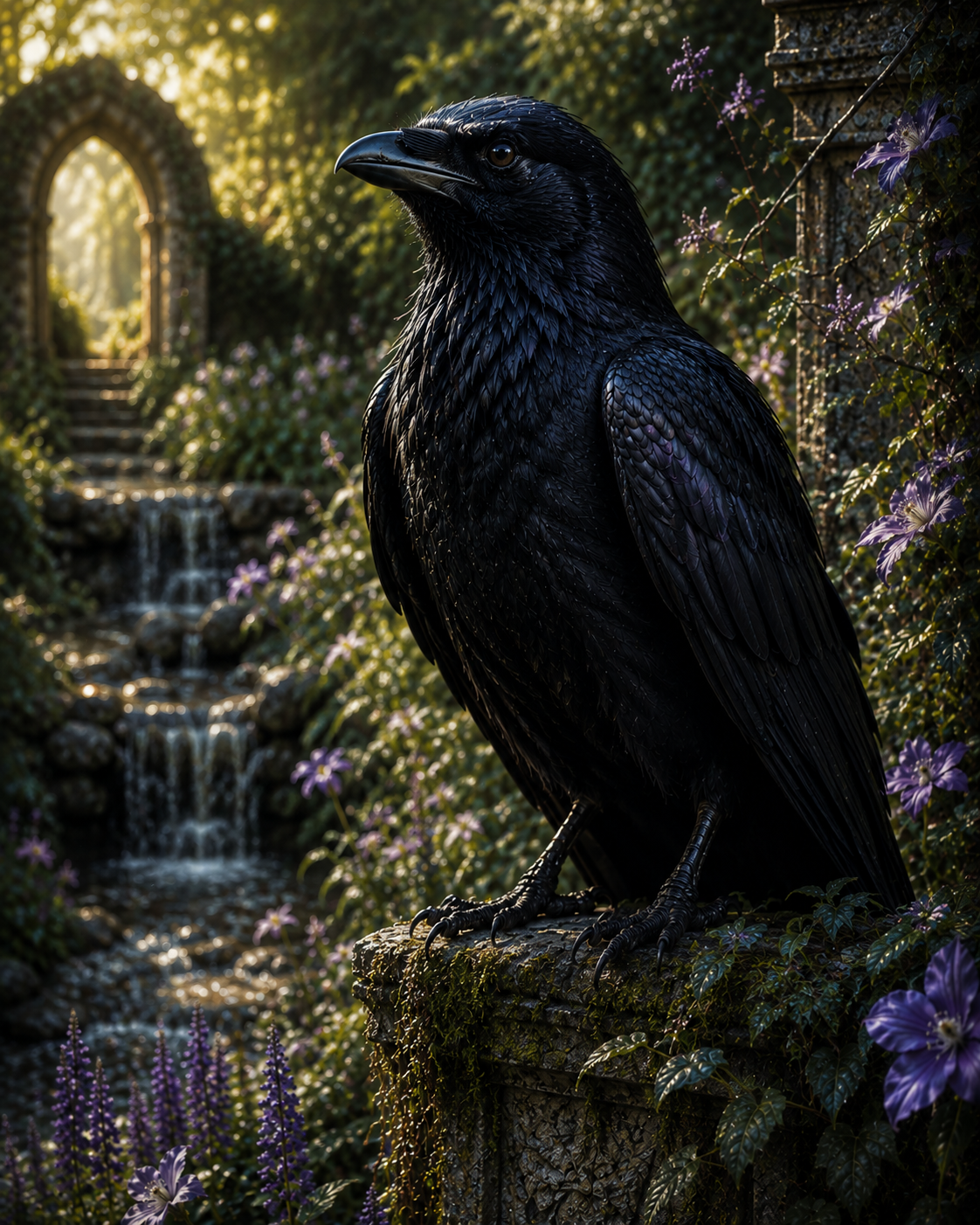 A large, black crow stands on a stone pedestal covered with vines and flowers. In the background, a soft waterfall cascades down a rocky slope, and a stone archway is visible through lush greenery.