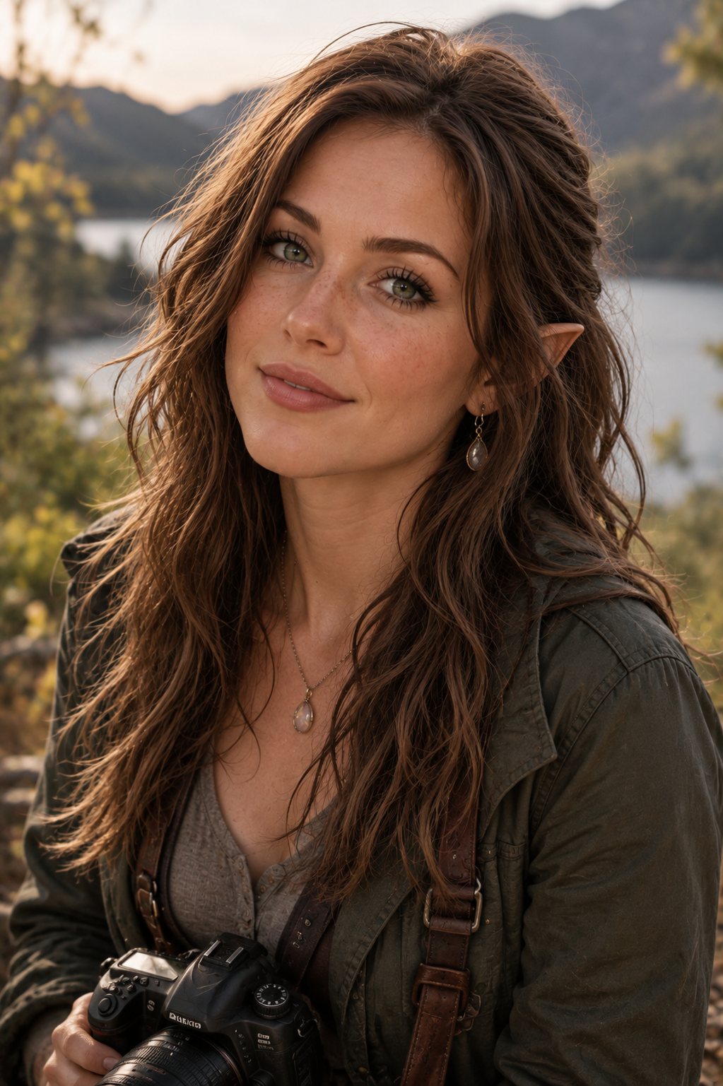 A young woman with long, wavy brown hair and pointed ears is smiling while holding a camera. She is wearing a green jacket over a casual gray top and is surrounded by nature, with a lake and mountains visible in the background.