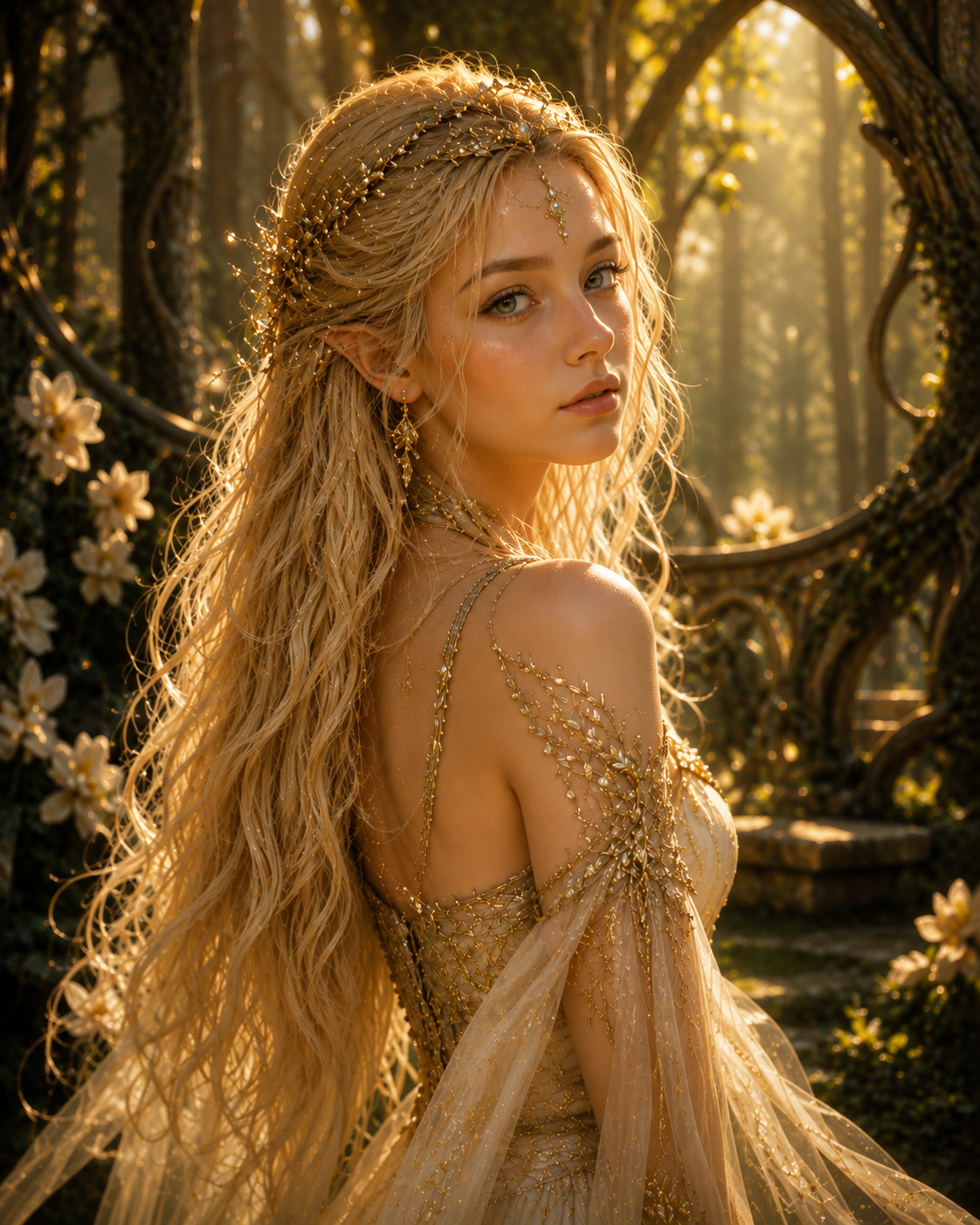 Elara Pike stands with her back partially turned, showcasing her long, wavy blond hair adorned with delicate golden hairpieces. She wears an elegant, shimmering gown with intricate beadwork and flowing sleeves, surrounded by a verdant forest filled with soft, golden light and blooming flowers.