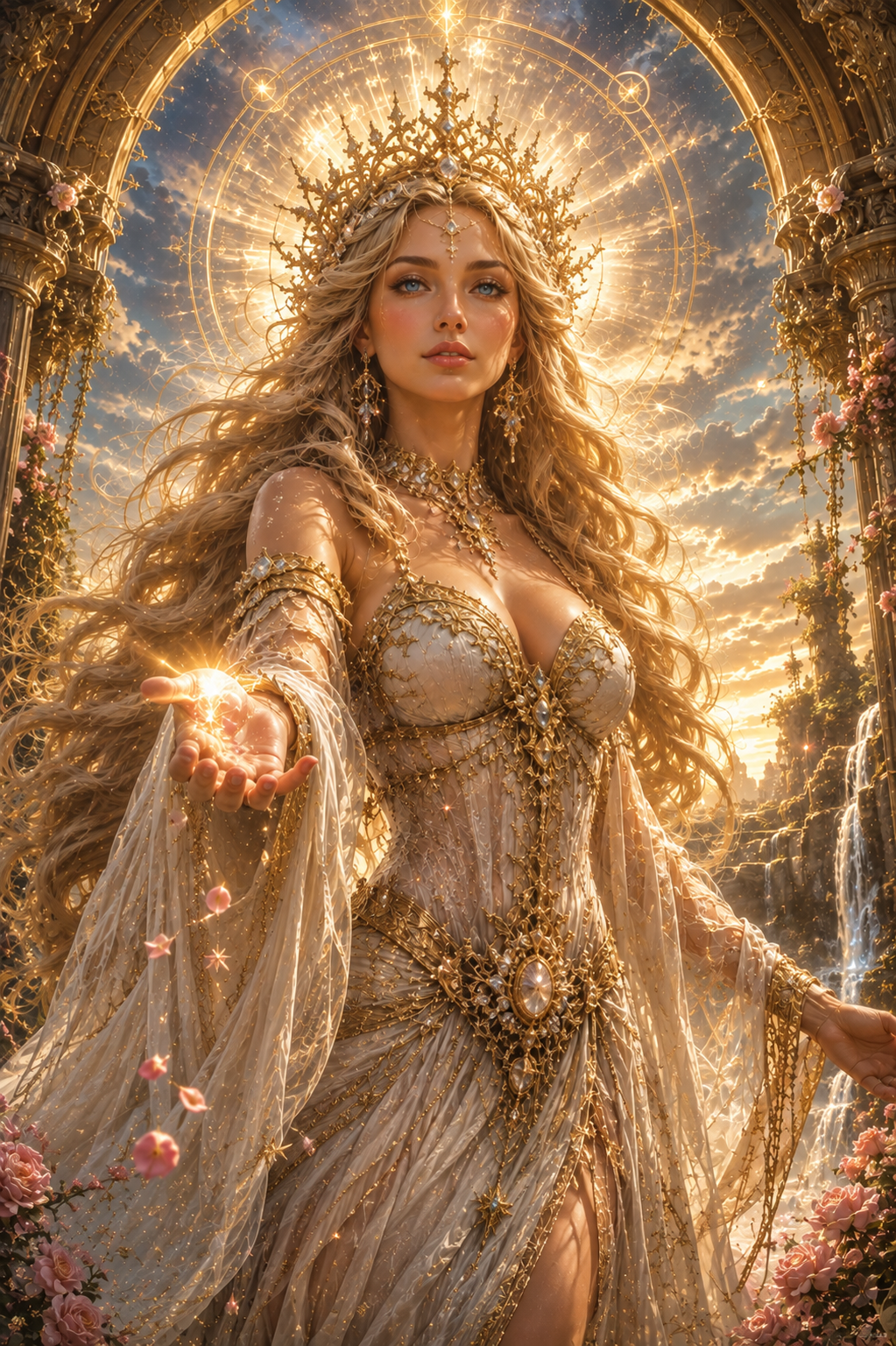 A radiant goddess stands in a lush, enchanted landscape, wearing a shimmering gold and white gown adorned with jewels. She holds out her hand, which emits a soft glow, while gentle flowers and vines cascade around her, framed by elaborate arches and a bright, celestial background.