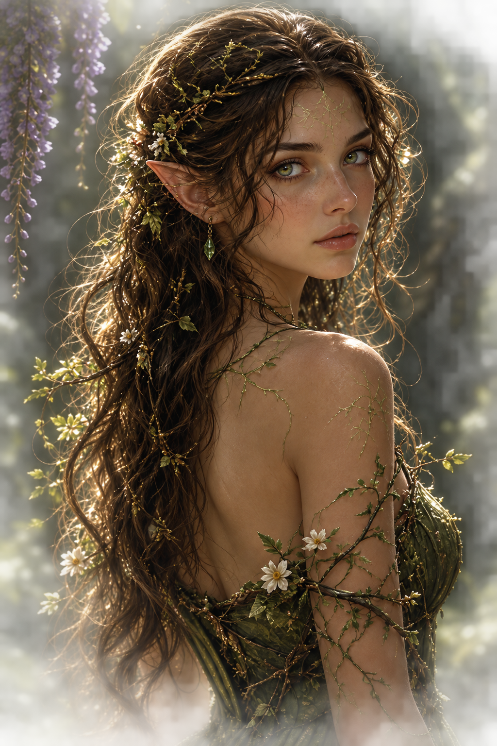 Iris Briar is depicted as a young woman with long, wavy brown hair adorned with leaves and flowers. She has pointed ears and is wearing a green dress that blends with the natural elements around her, illuminated by soft, ethereal lighting in a forest setting.