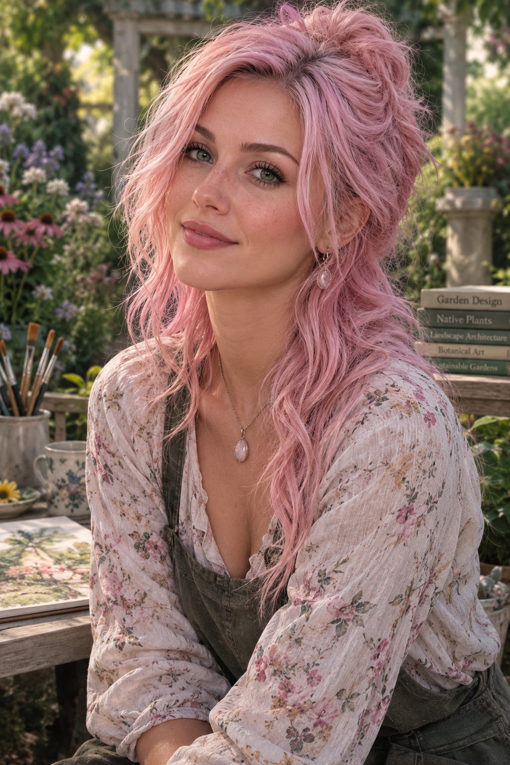 Opal Harper is shown sitting outdoors in a garden filled with flowers. She has long, wavy pink hair and is wearing a floral long-sleeved shirt paired with a dark green overall. In the background, there are art supplies and gardening books visible on a table.
