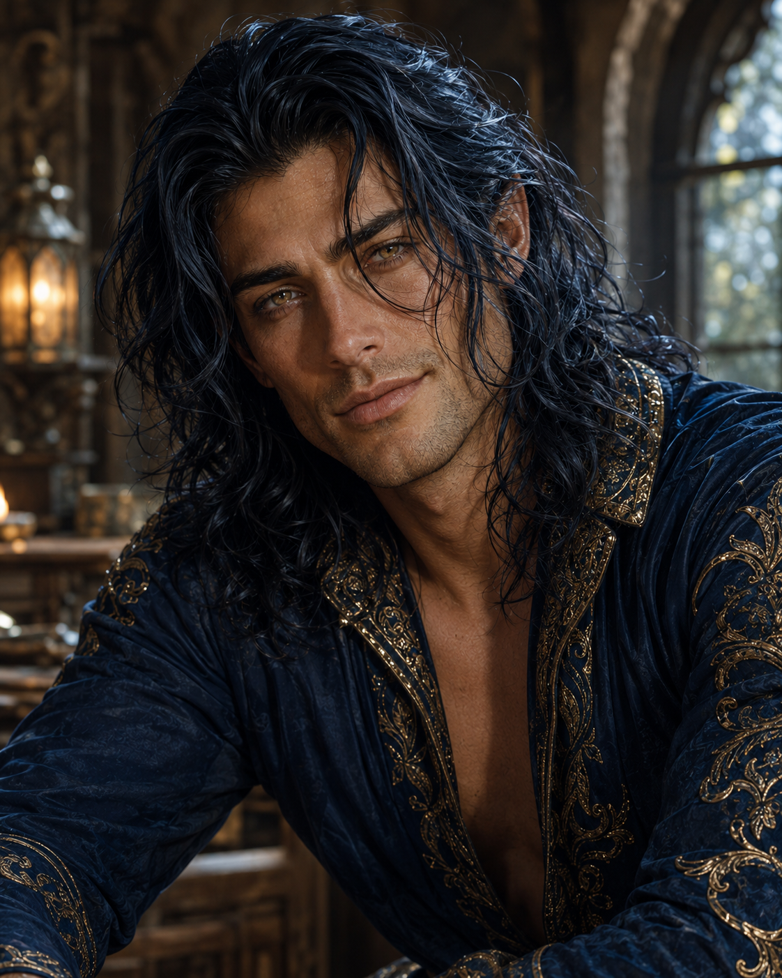 A young man with long, dark hair and striking green eyes smiles softly at the viewer. He is wearing a dark blue, intricately detailed robe with gold embroidery, set against a warm, dimly lit background with rustic decor.