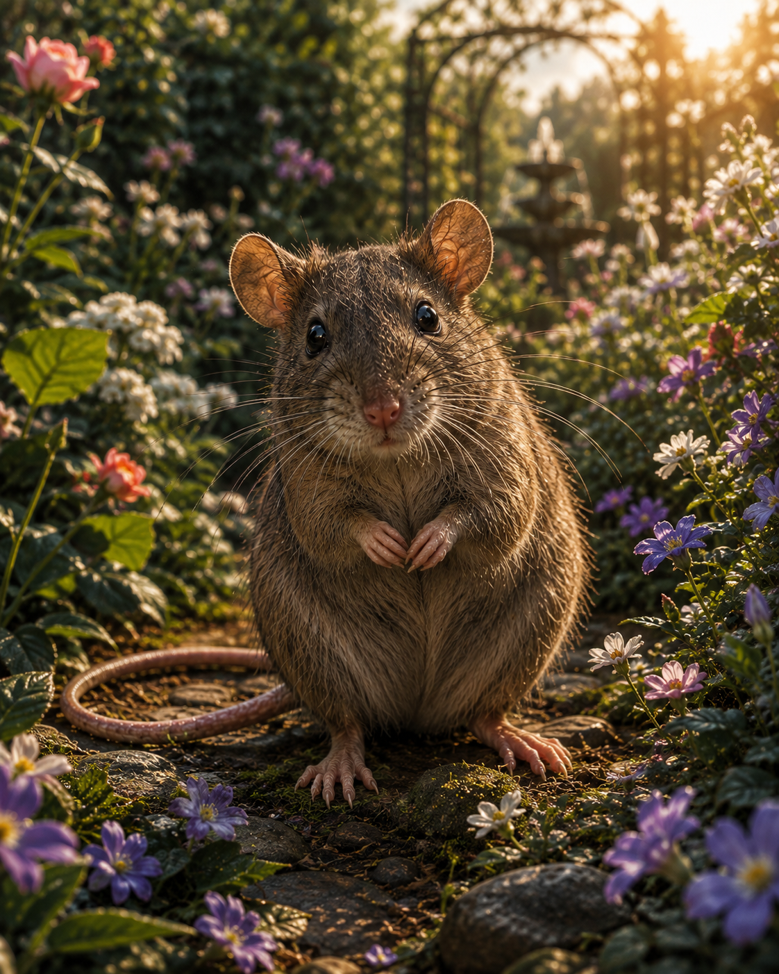 A small, fluffy brown rat stands on a stone path surrounded by colorful flowers in a garden setting. The background features a softly lit fountain and lush greenery.