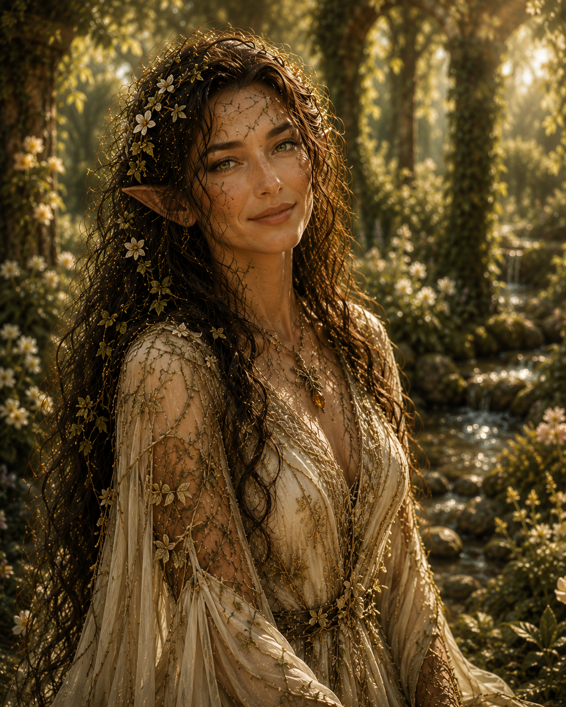 A young woman with long, wavy hair adorned with flowers and greenery stands in a sunlit forest. She wears a flowing, delicately embroidered gown, and her pointed ears suggest she is an elf. The background features trees, flowers, and a gentle stream.