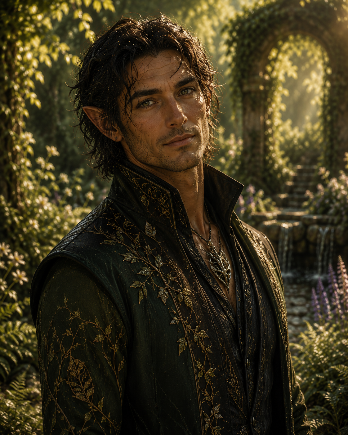 A slender young man with wavy dark hair and pointed ears gazes directly at the viewer. He wears an intricately designed dark green garment adorned with golden leaf patterns, set against a lush, sunlit background featuring a stone archway and a softly flowing waterfall.