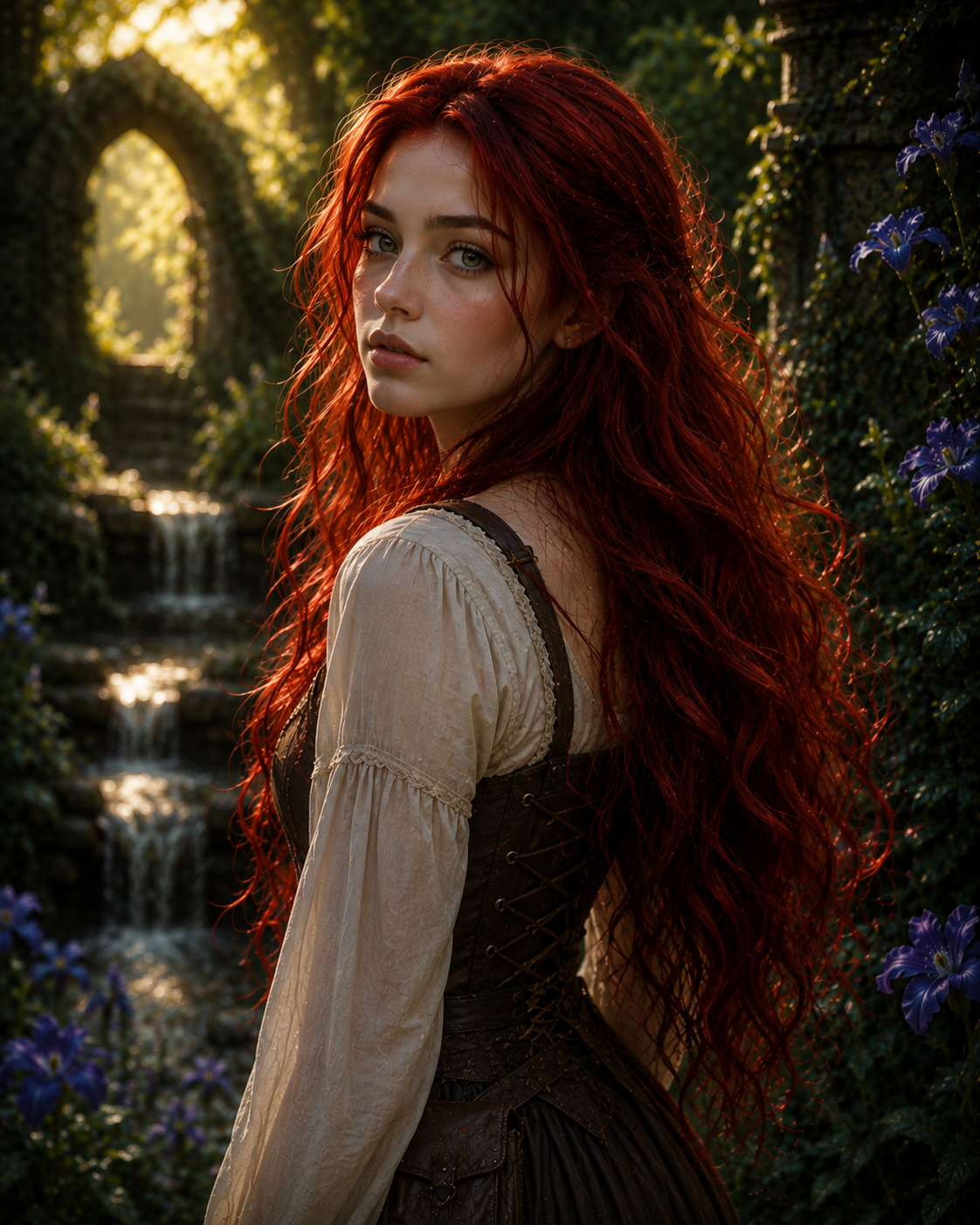 Tessa Dirk stands in a lush, green landscape, facing slightly away from the viewer. She has long, wavy red hair and is wearing a light-colored, flowing blouse beneath a dark, lace-up corset, with a waterfall and archway adorned with ivy visible in the background.