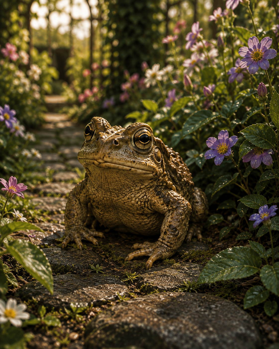 A large, textured toad sits on a cobblestone path surrounded by blooming flowers and greenery in a sunlit garden. The scene features vibrant purple and white flowers, with soft sunlight filtering through nearby foliage.