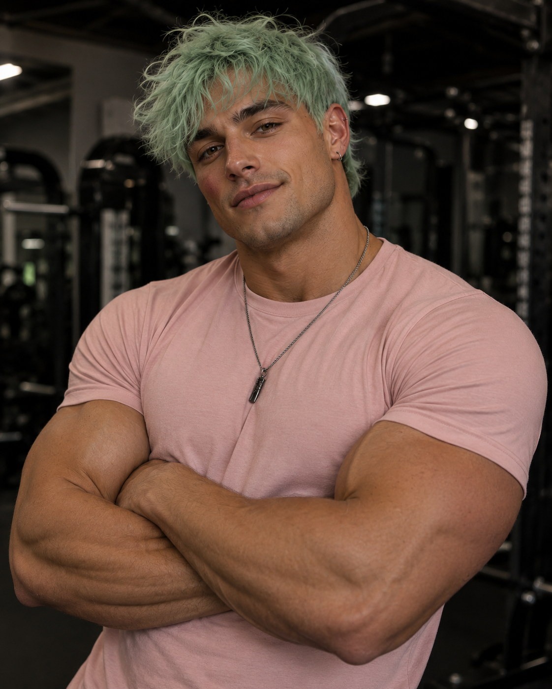 A muscular man with mint-green hair stands with his arms crossed, wearing a light pink t-shirt. He is in a gym setting, with workout equipment visible in the background.