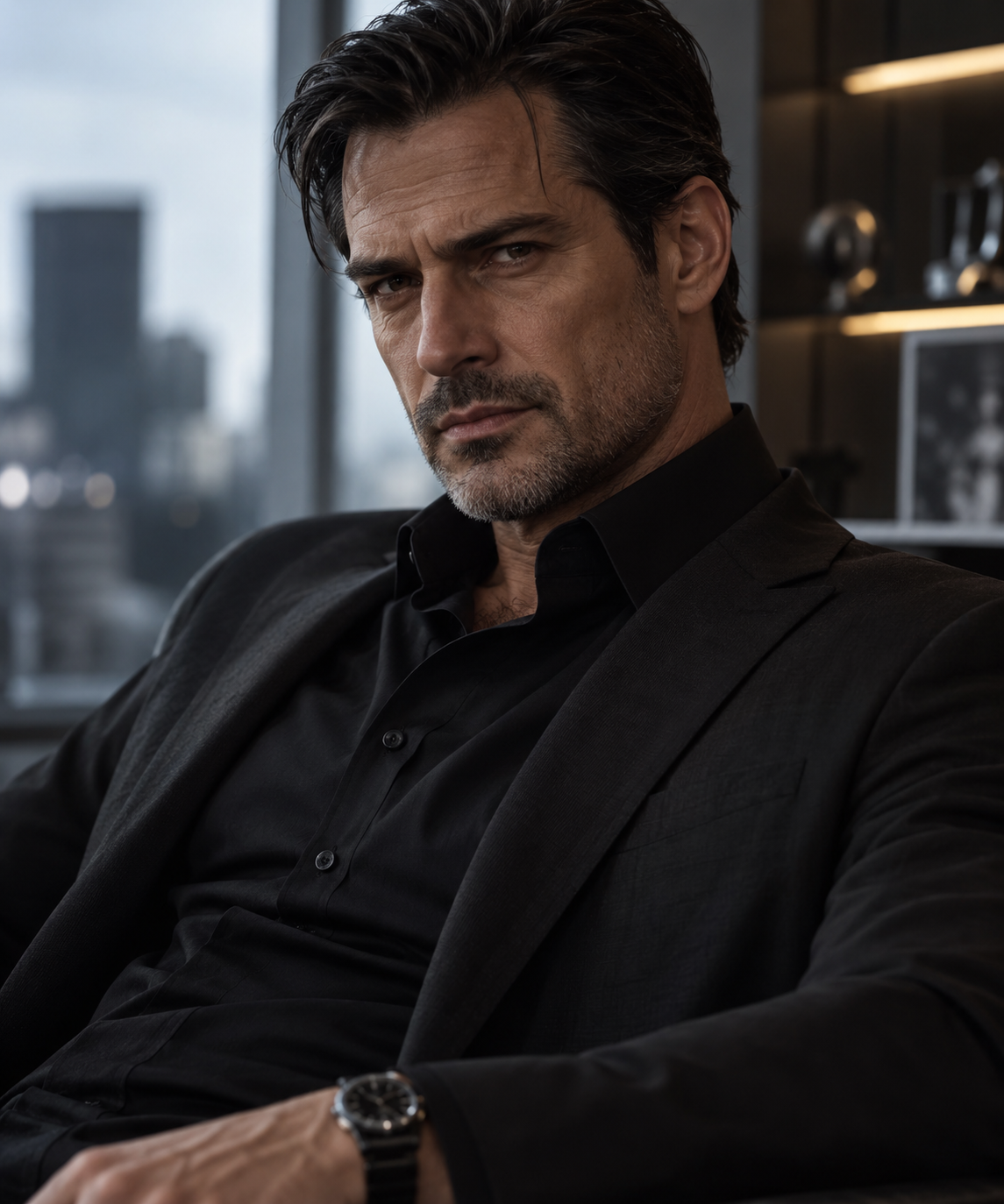 A man with dark hair and a well-groomed beard sits confidently in a modern office setting, wearing a black suit and button-up shirt. He gazes directly at the camera, showcasing a serious expression, with city buildings visible in the background through large windows.