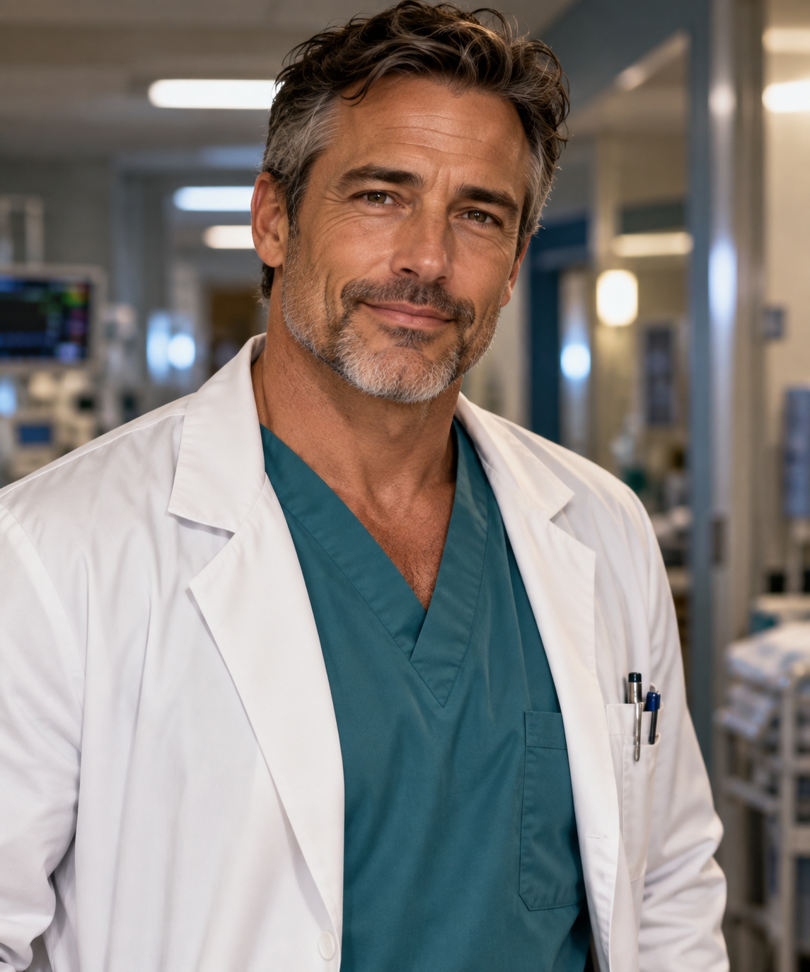 Dr. Adrian Voss is a man with dark hair and a beard, wearing a white lab coat over teal scrubs. He stands in a hospital setting, with medical equipment visible in the background.