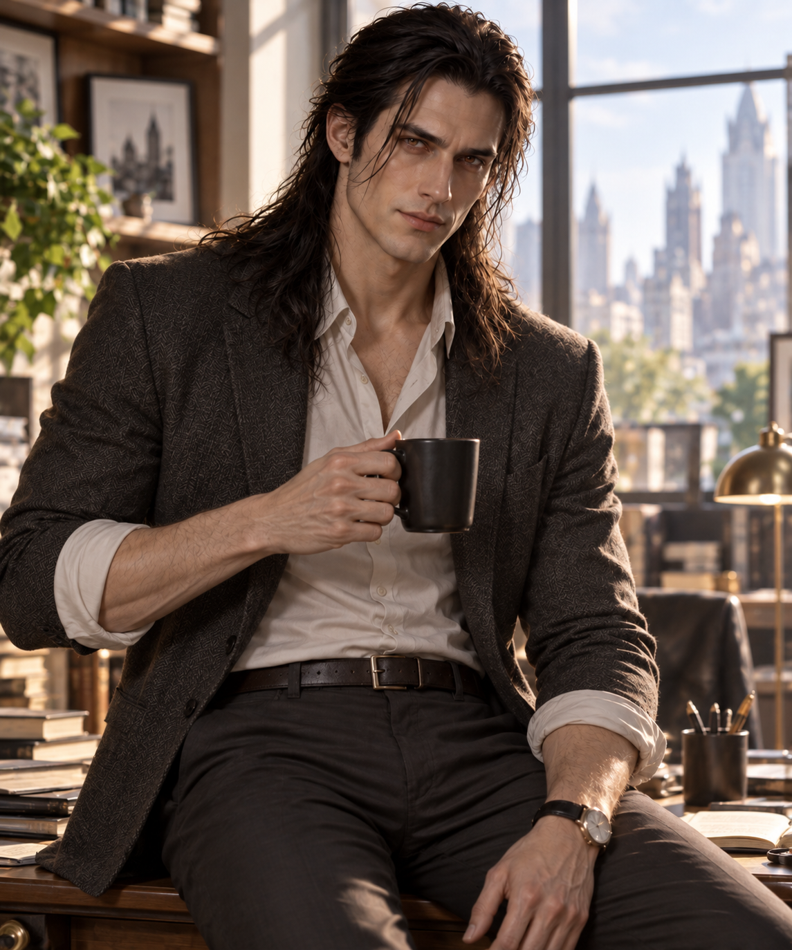 Elias Mercer is seated at a desk in a well-lit office, wearing a dark blazer over a white shirt. He holds a black coffee cup, and shelves filled with books and framed photographs are visible in the background, along with a city skyline through a window.
