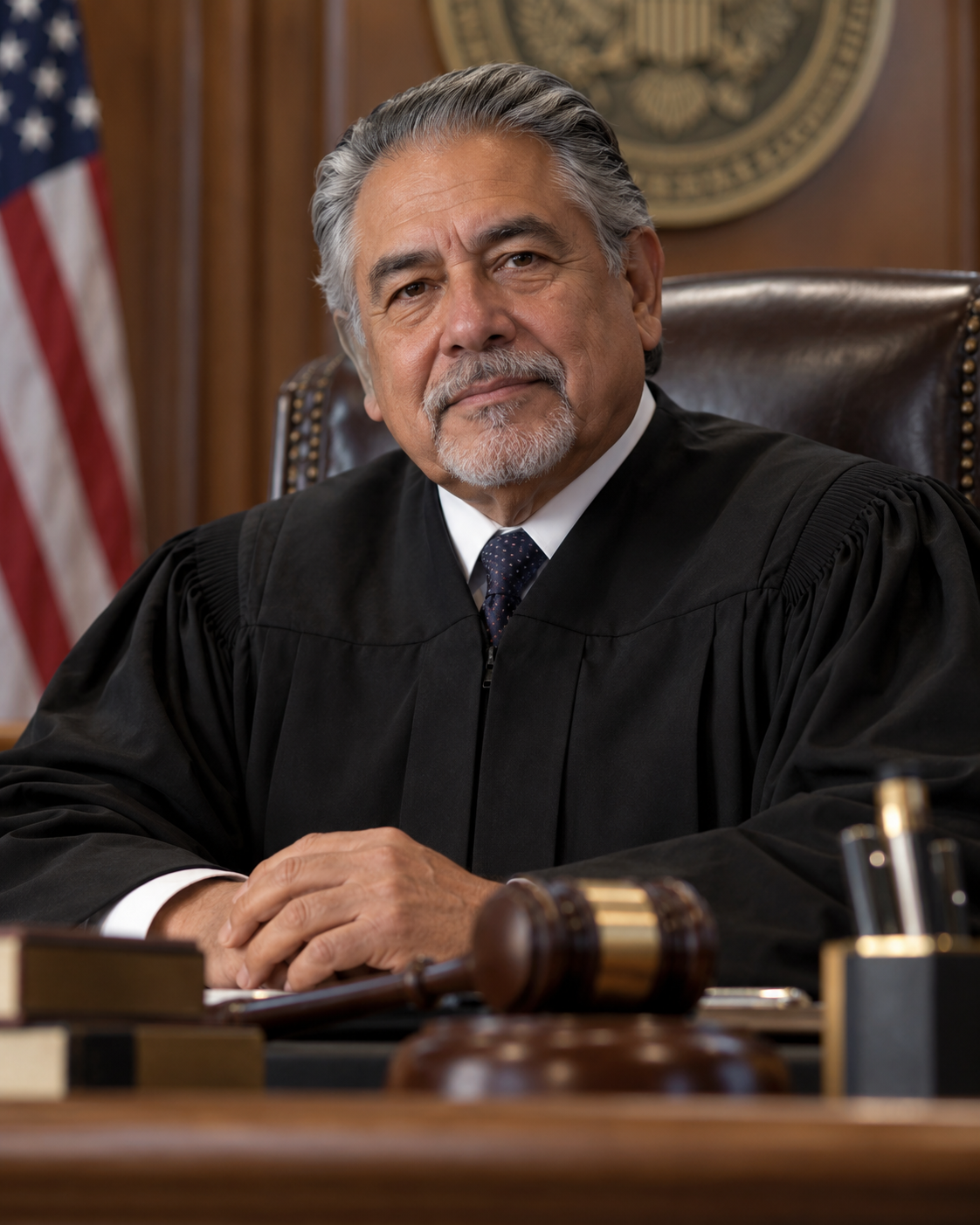 Judge Kenneth Alvarez is seated at a wooden desk in a courtroom, wearing a black judicial robe. He has gray hair and is looking directly at the camera, with his hands resting on the desk. In the foreground, there is a gavel and a few books, and a flag is visible in the background.
